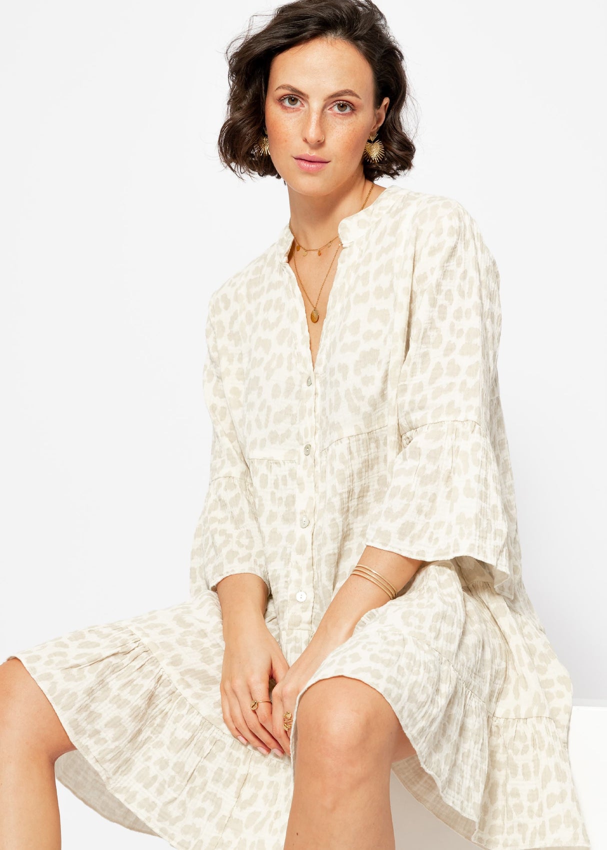 Muslin dress with leopard print - light beige