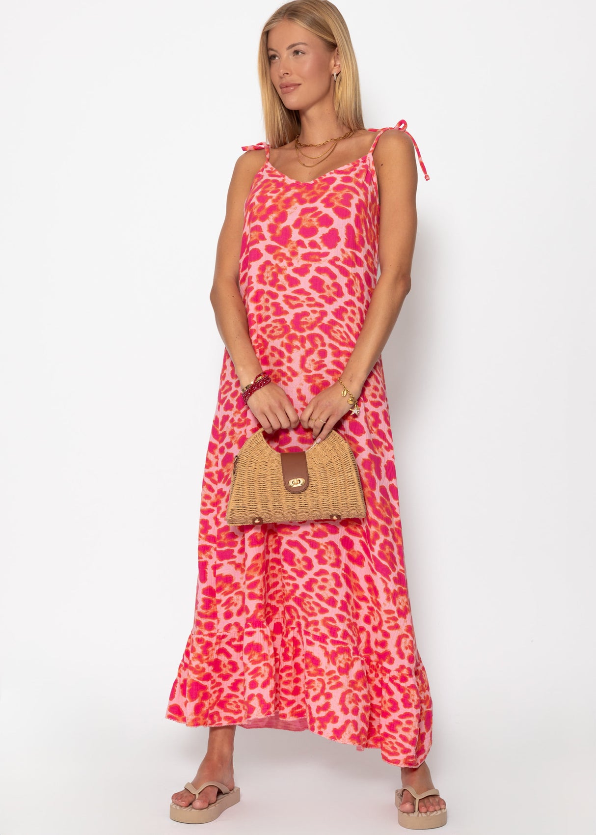 Musselin Maxi Kleid mit Leo-Print - pink