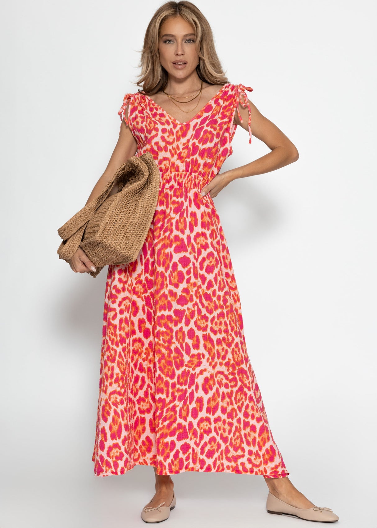 Musselin Maxi Dress with Leo -Print - Pink