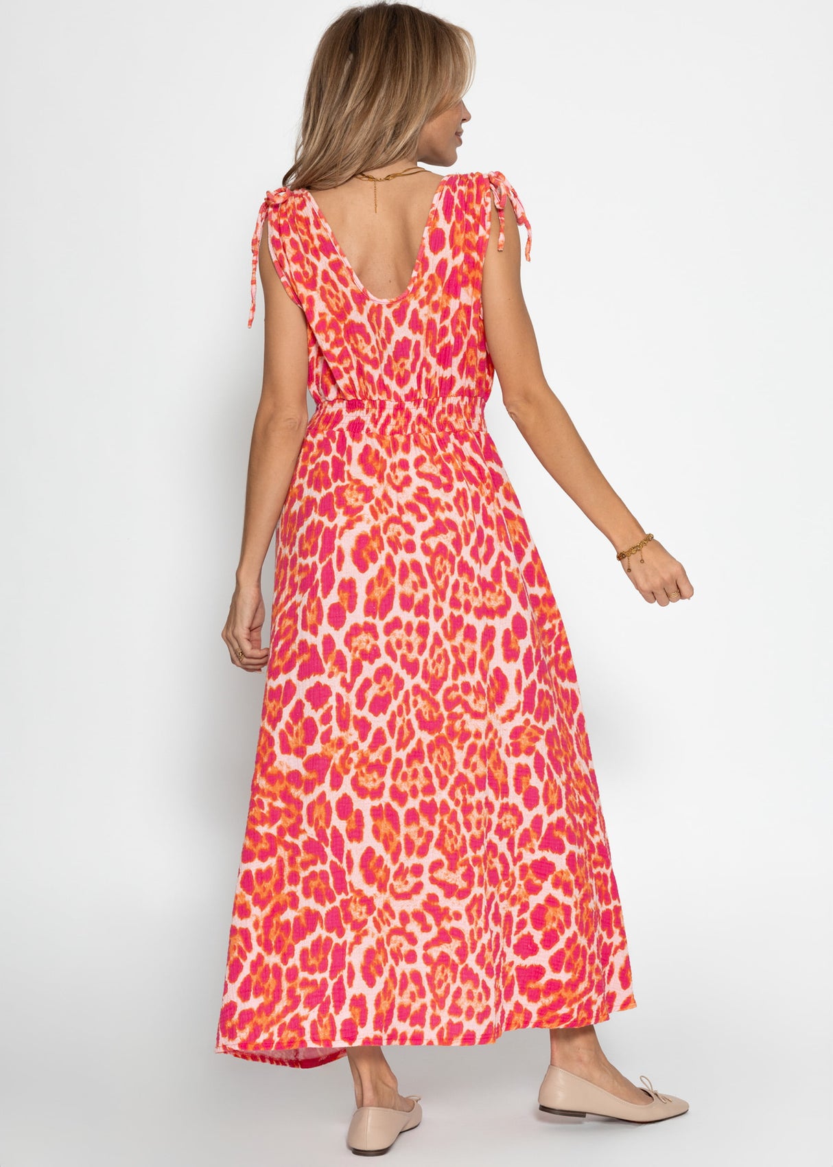 Musselin Maxi Dress with Leo -Print - Pink