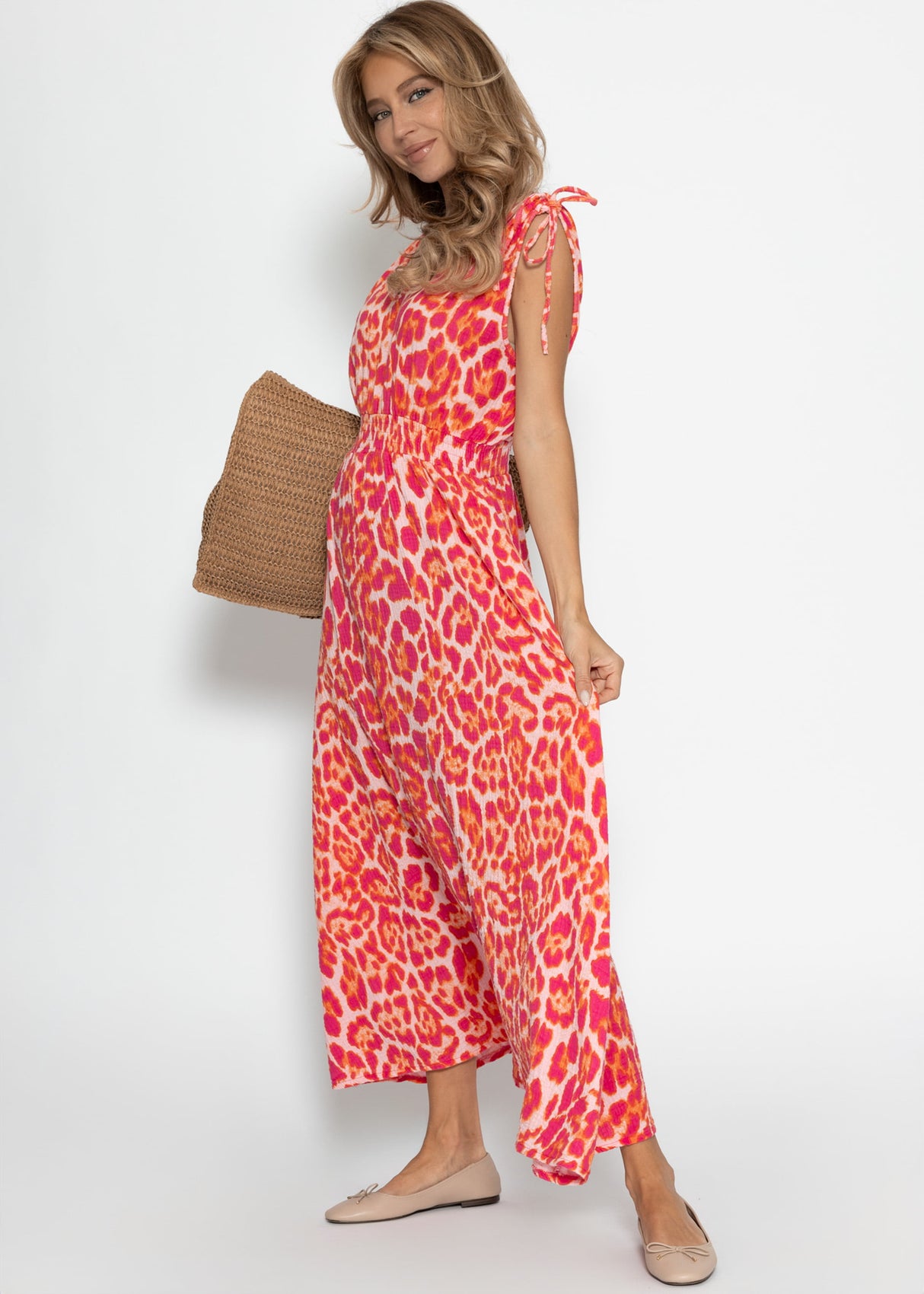 Musselin Maxi Dress with Leo -Print - Pink
