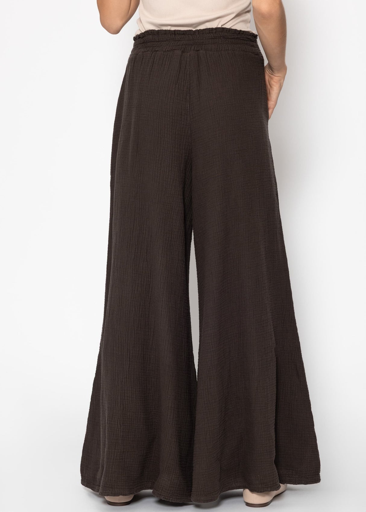 Musselin Pants mit weitem Bein - espresso