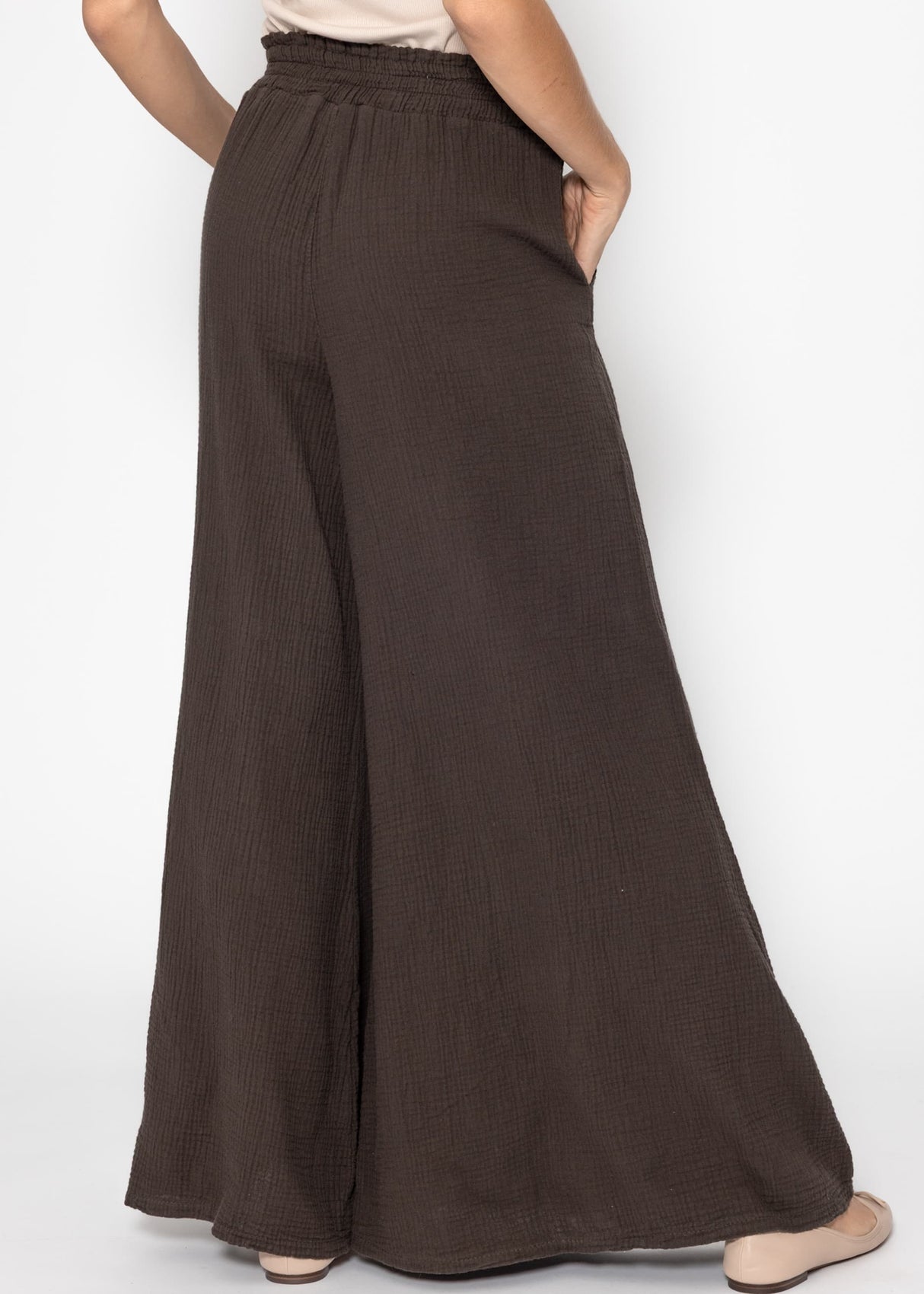 Musselin Pants mit weitem Bein - espresso