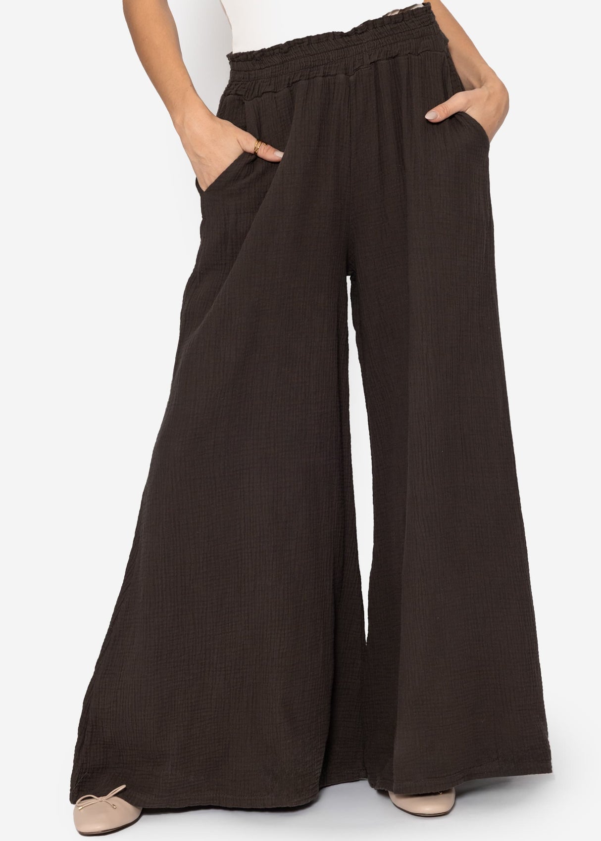 Musselin Pants mit weitem Bein - espresso