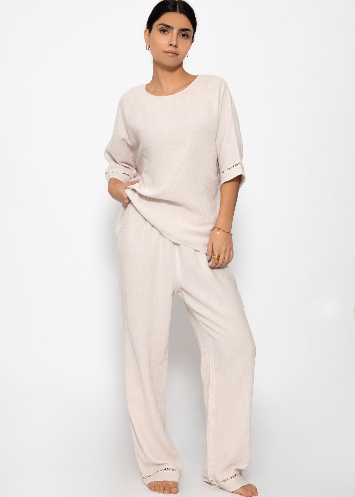 Muslin pajama pants with lace trim - light beige