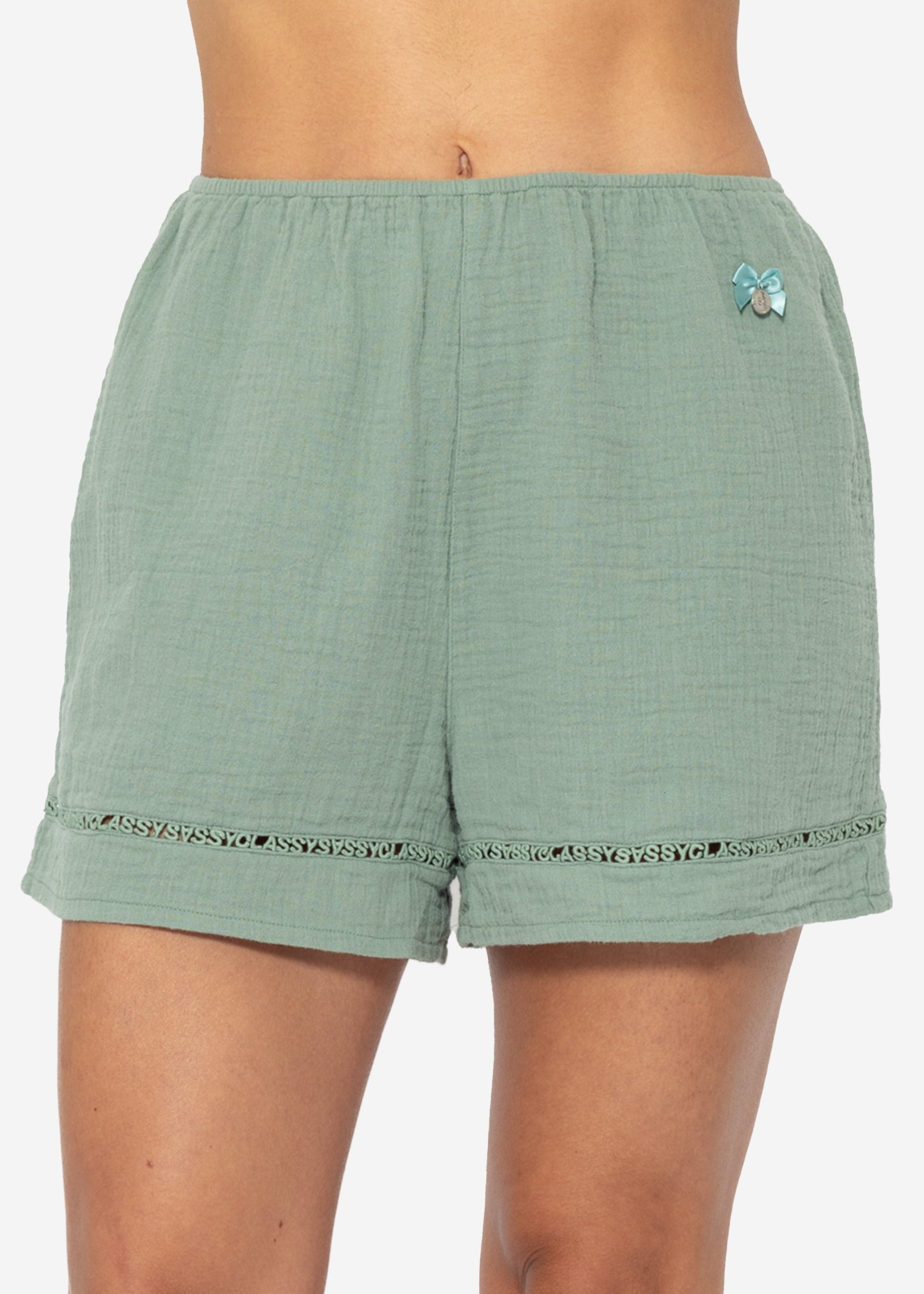 Muslin pajama shorts with lace trim - sage green