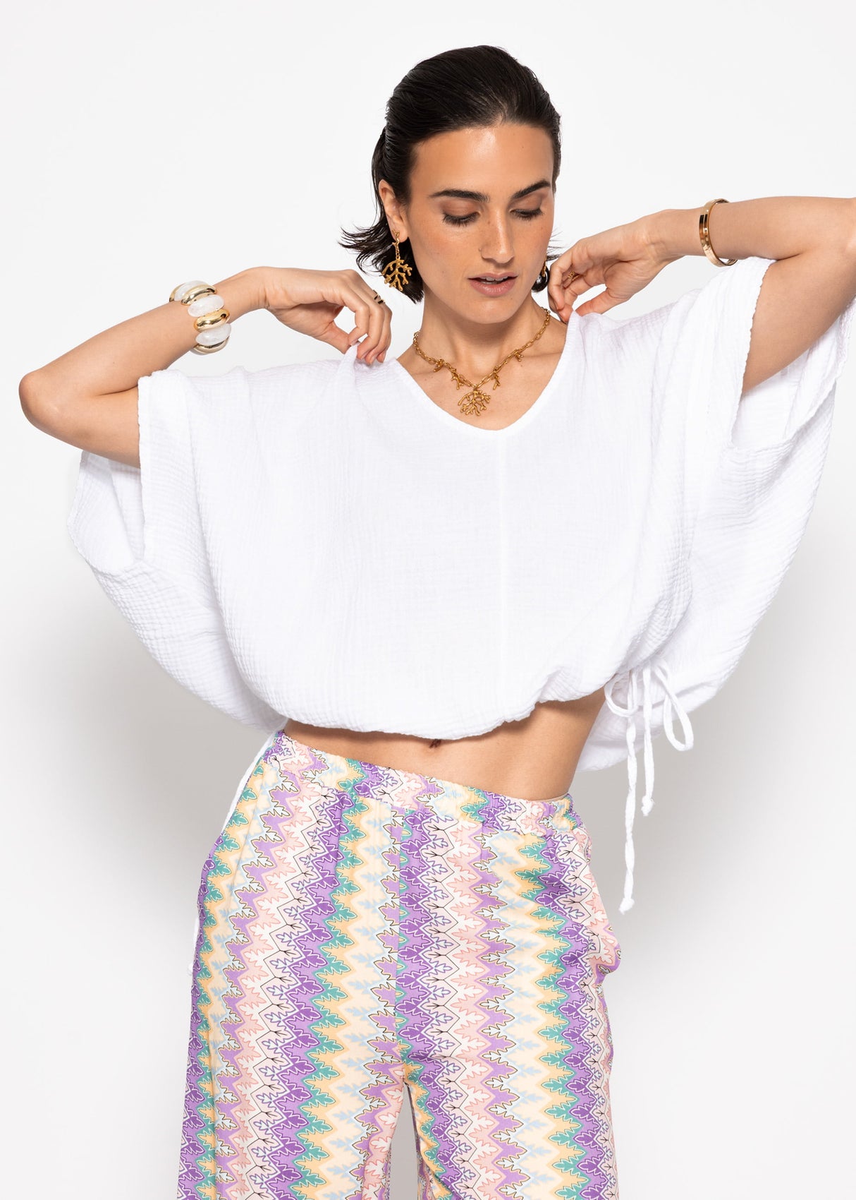 Oversize Musselin Shirt mit Tunnelzug - weiß