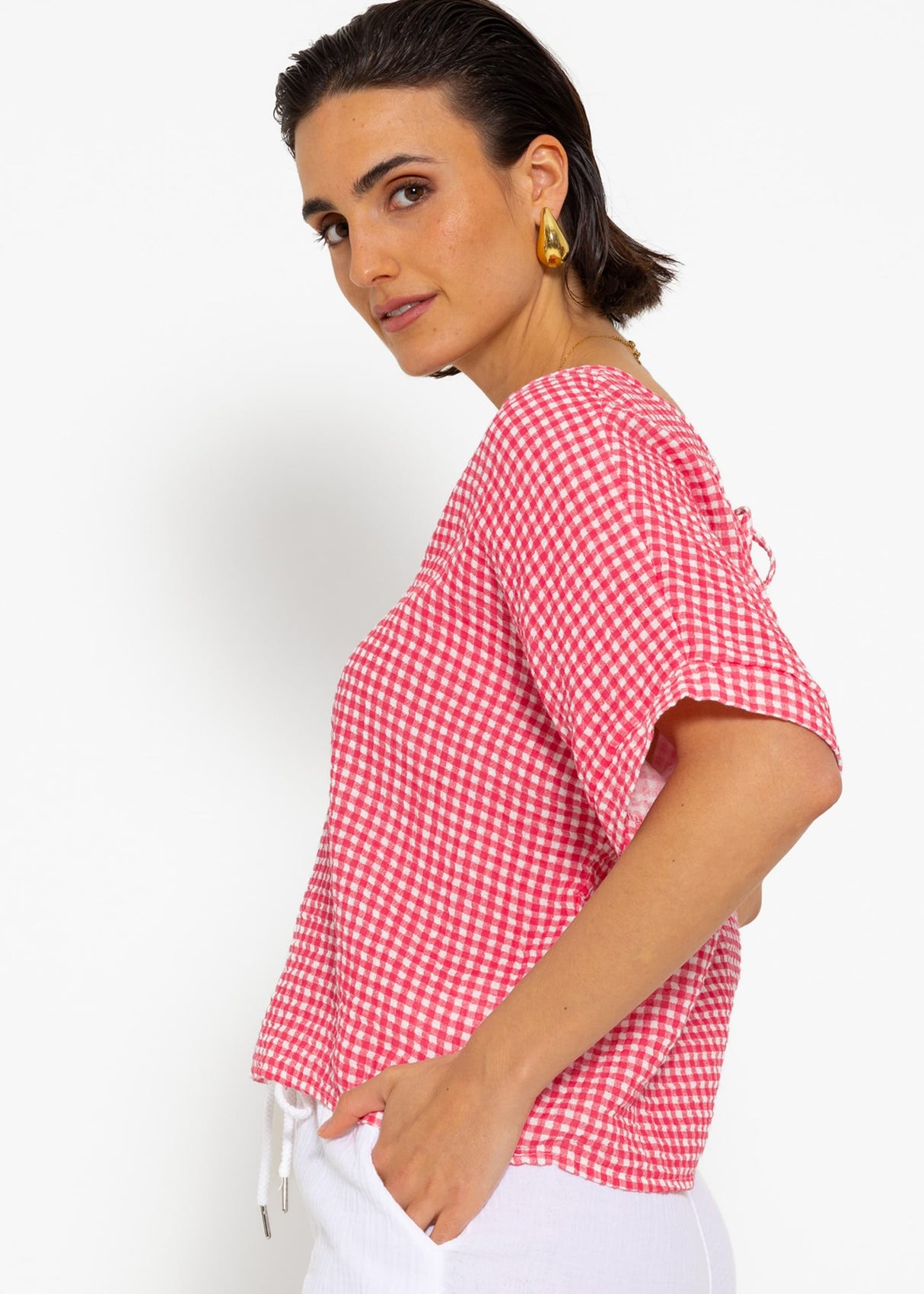 Muslin shirt with Vichy print - pink-white