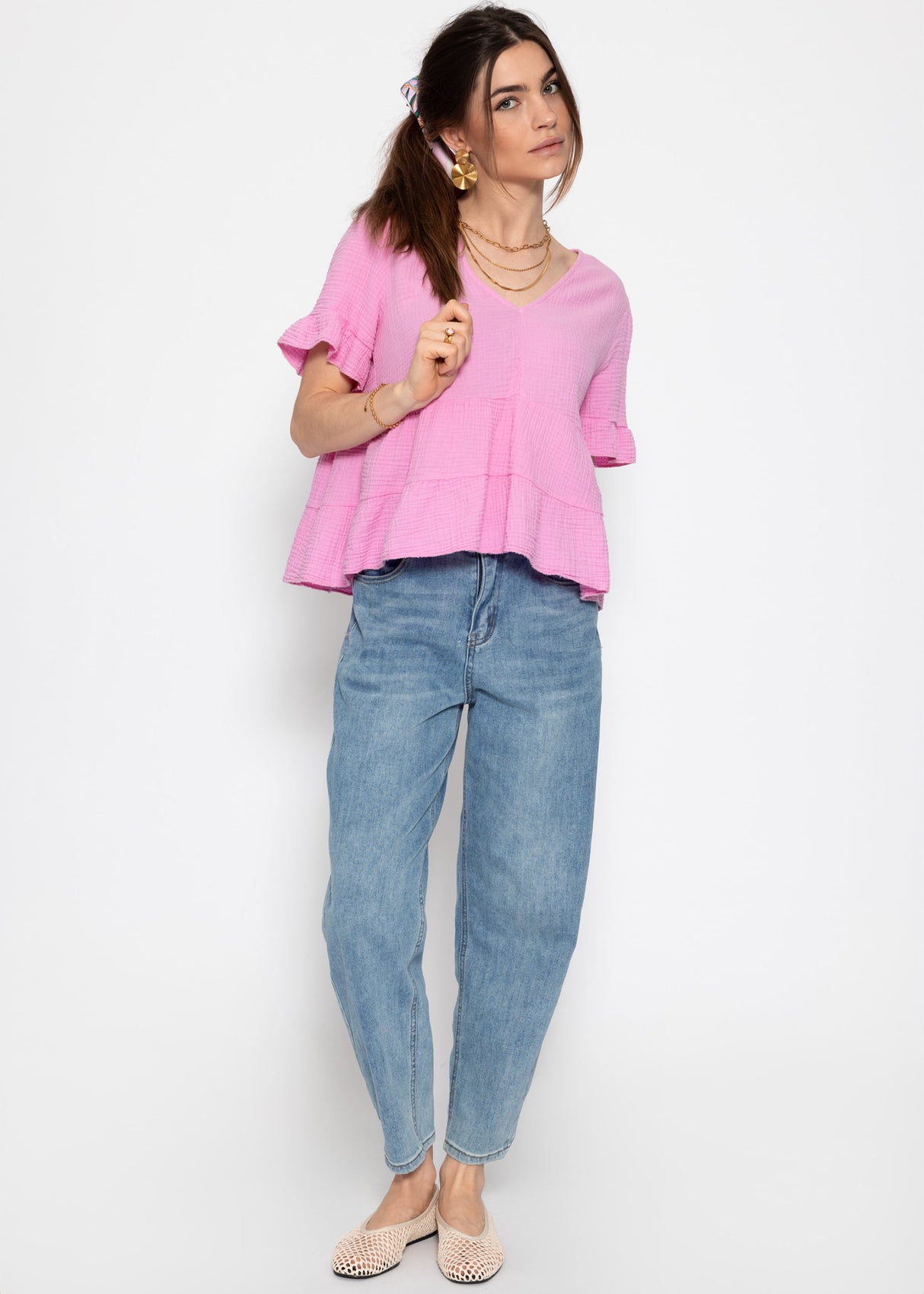Muslin shirt with flounces - pink