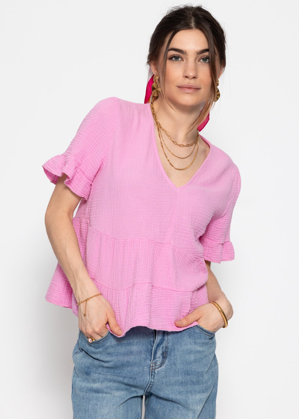 Muslin shirt with flounces - pink