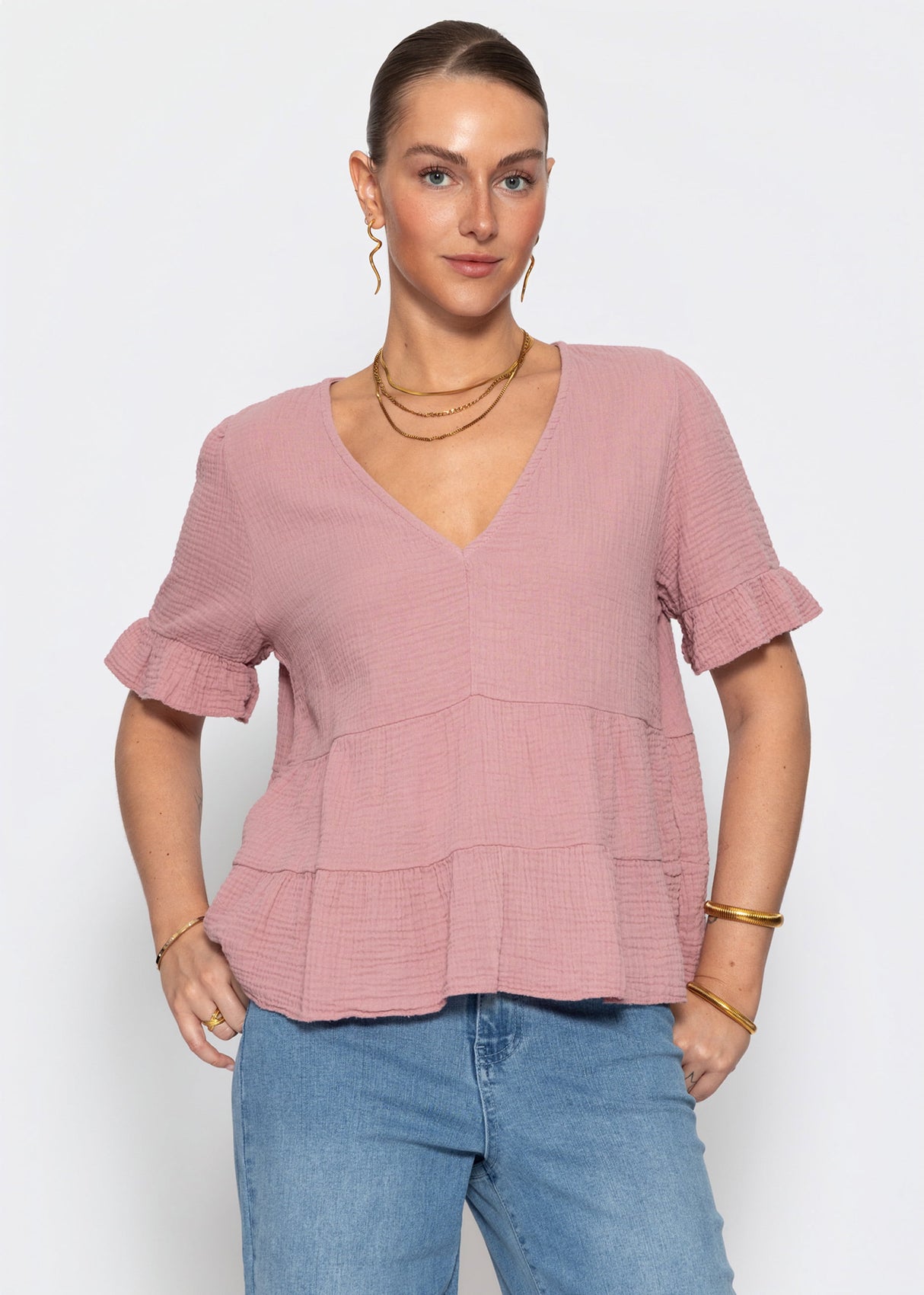 Musselin Shirt mit Volants und tiefem V-Ausschnitt - altrosa