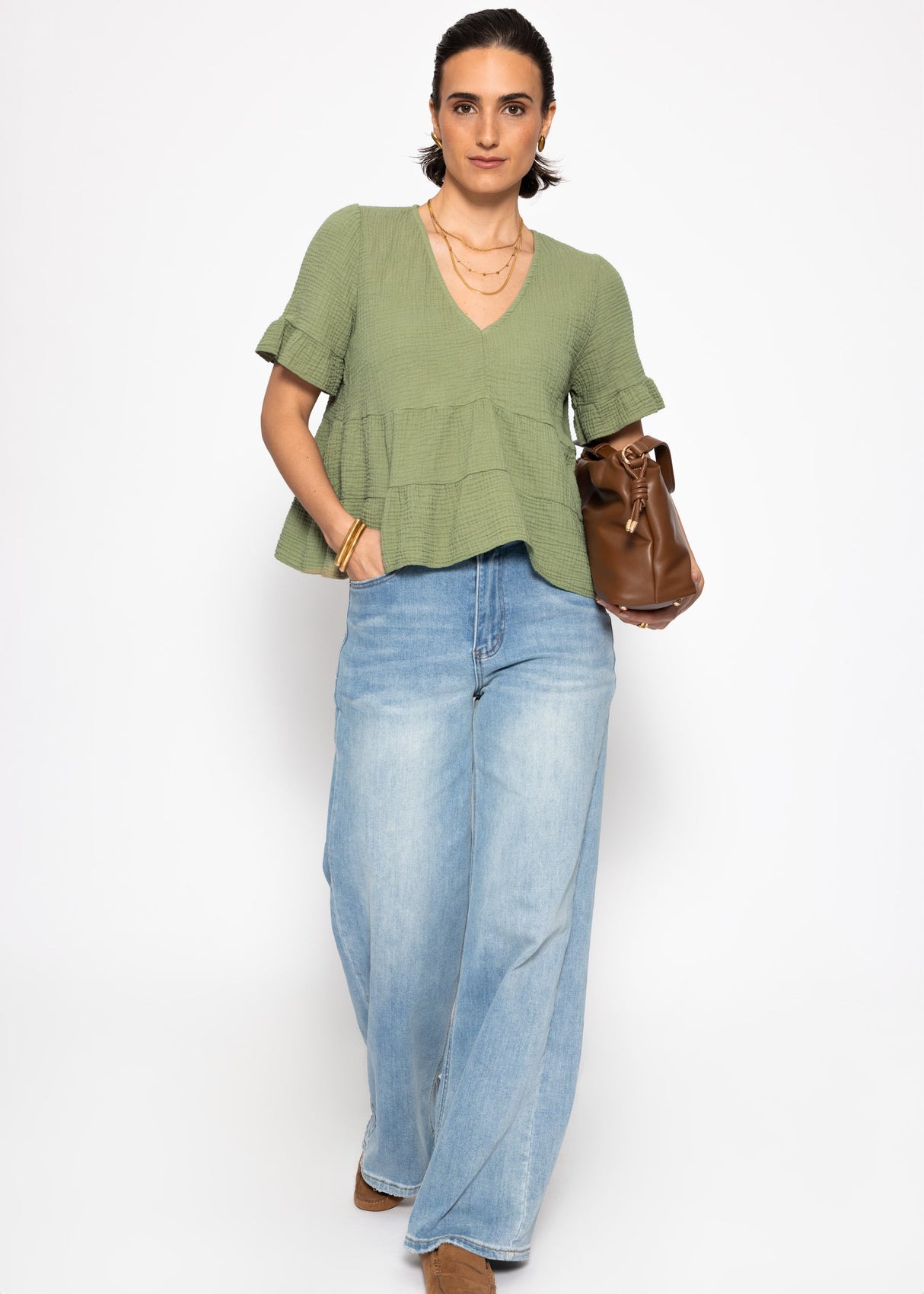 Musselin Shirt mit Volants und tiefem V-Ausschnitt - khaki