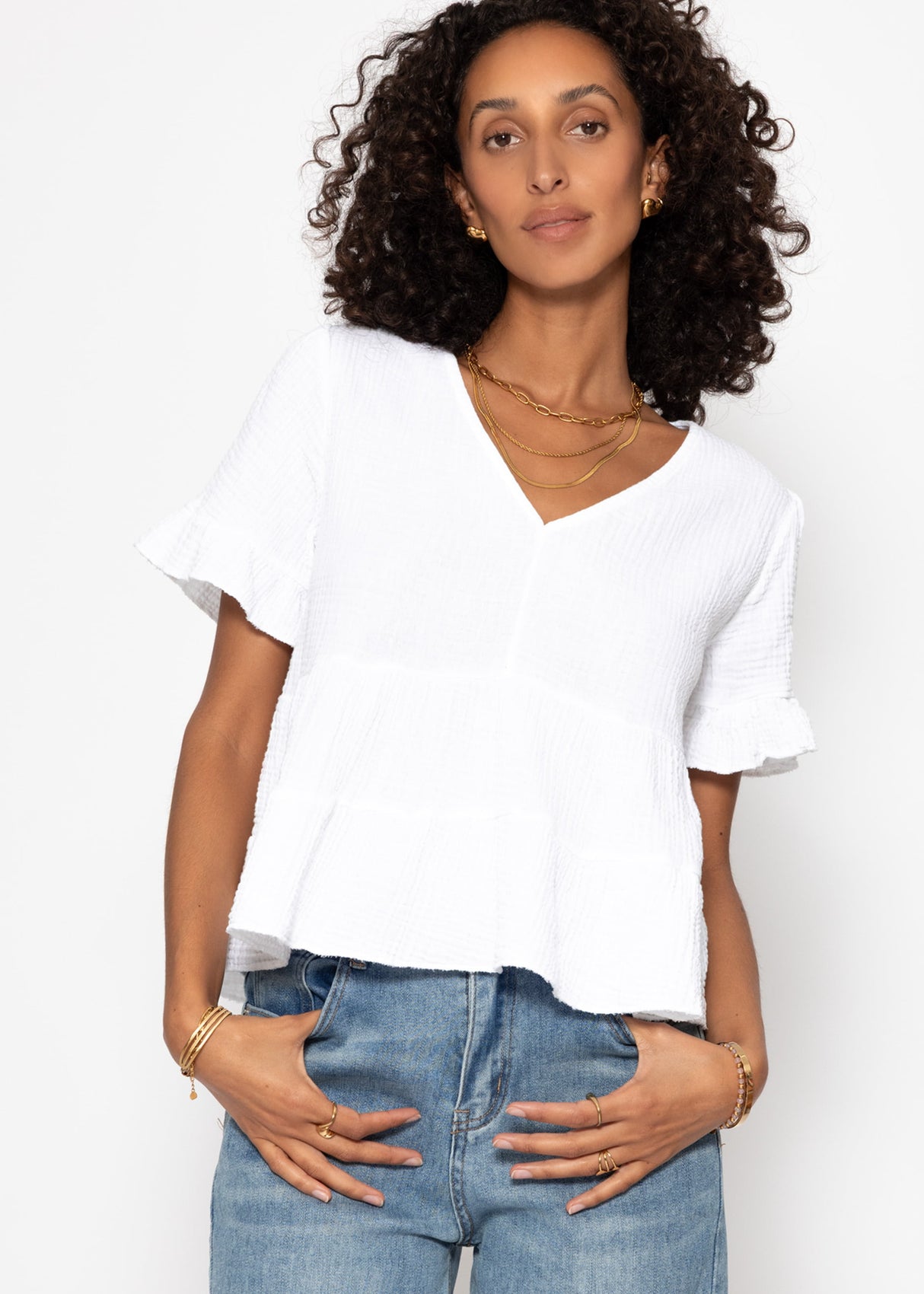 Muslin shirt with flounces - white