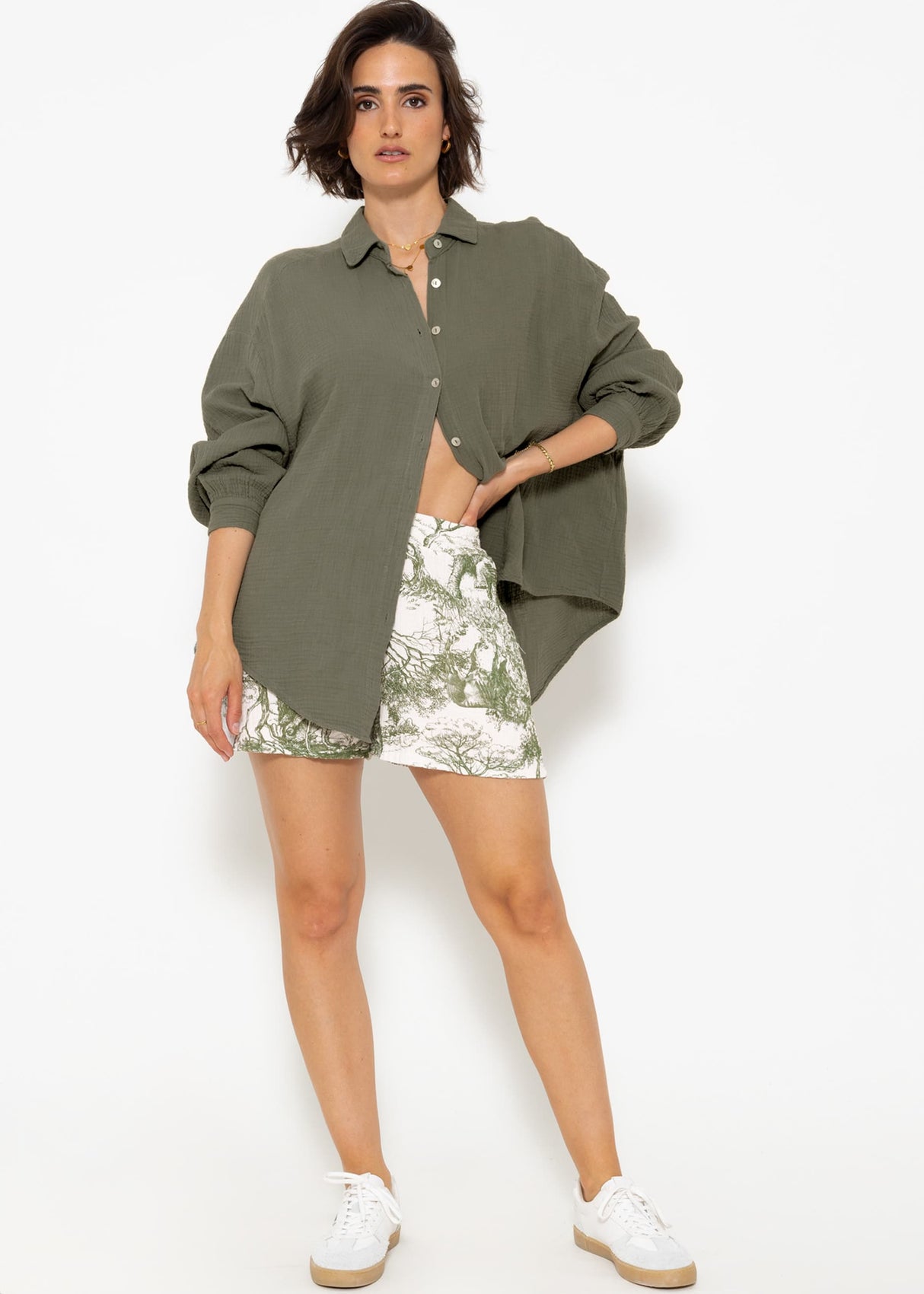 Muslin shorts with print, khaki