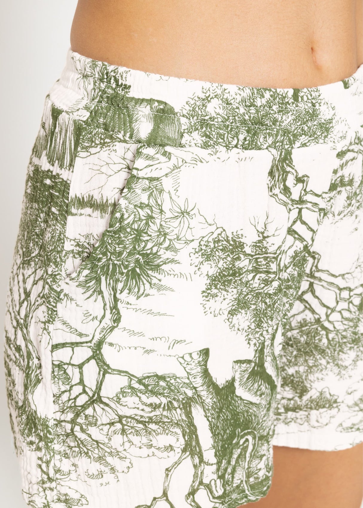 Muslin shorts with print, khaki
