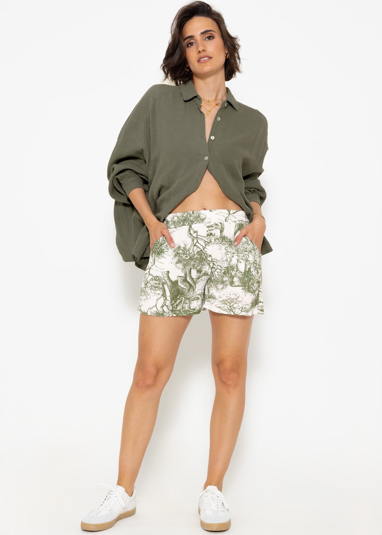 Muslin shorts with print, khaki