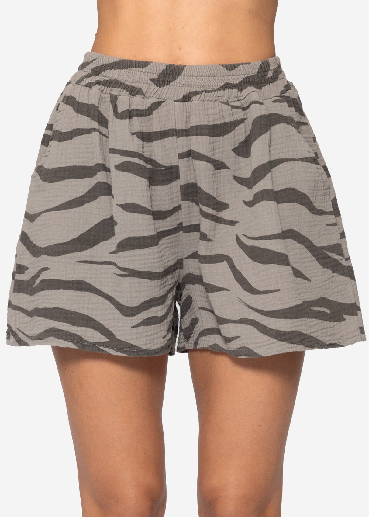 Musselin Shorts mit Zebra-Print - taupe