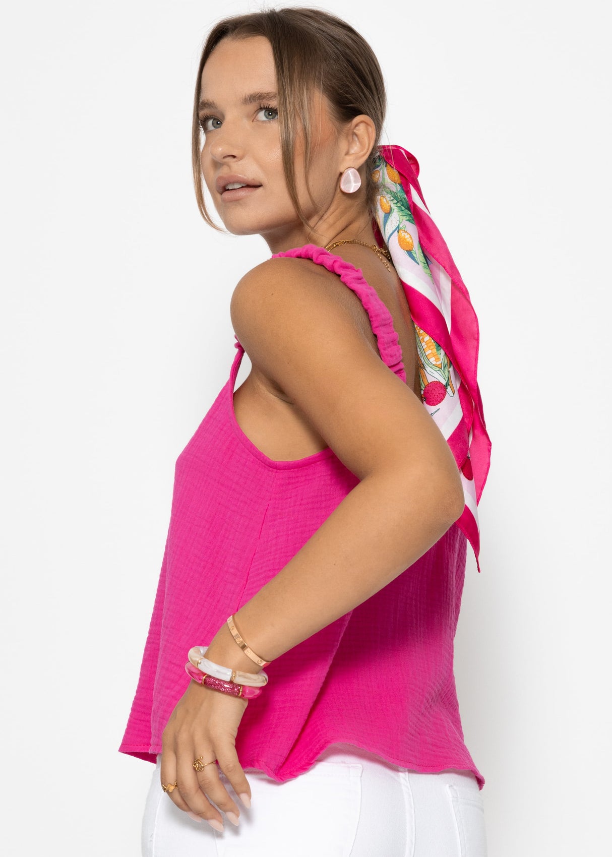 Musselin Top mit gerafften Trägern - pink