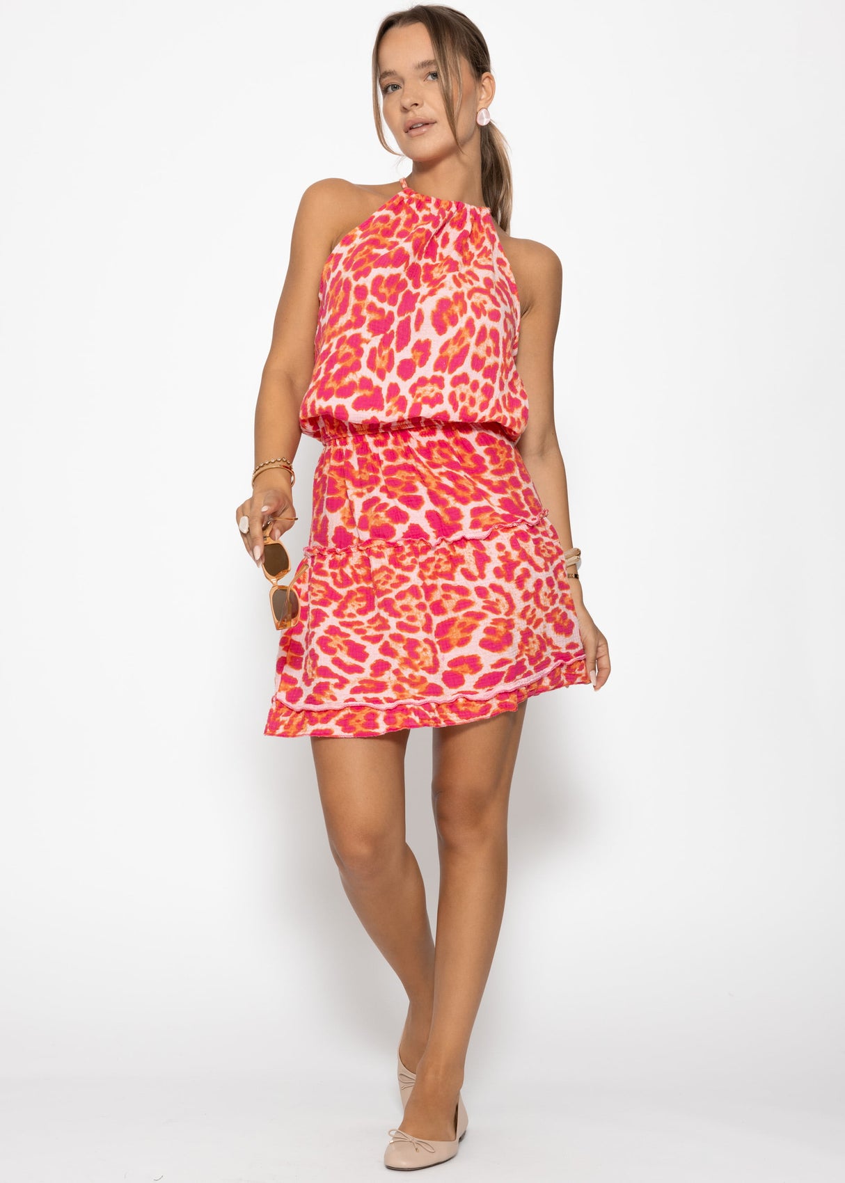 Shoulder -free Musselin Top with Leo -Print - Pink