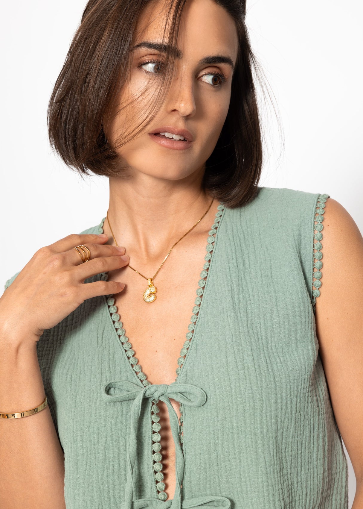 Musselin Top mit Schleifen - salbeigrün