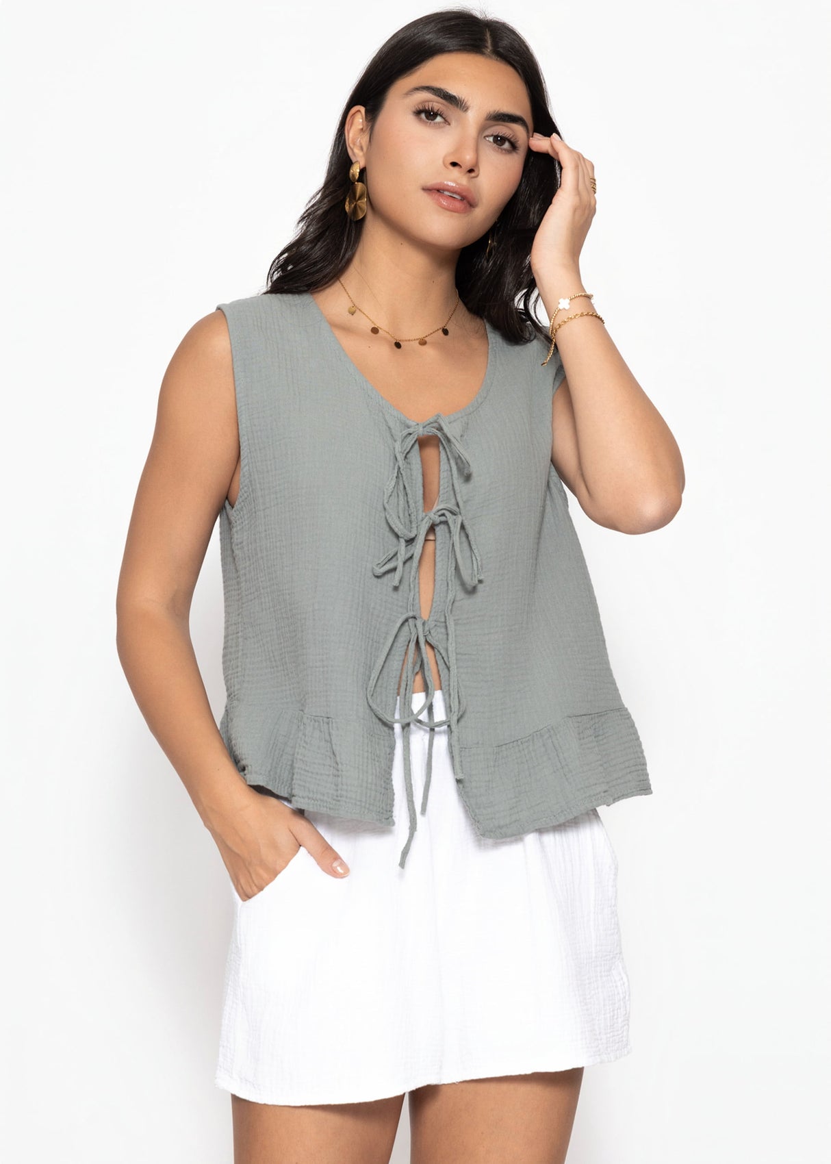 Musselin Top mit Schleifenverschluss - grau