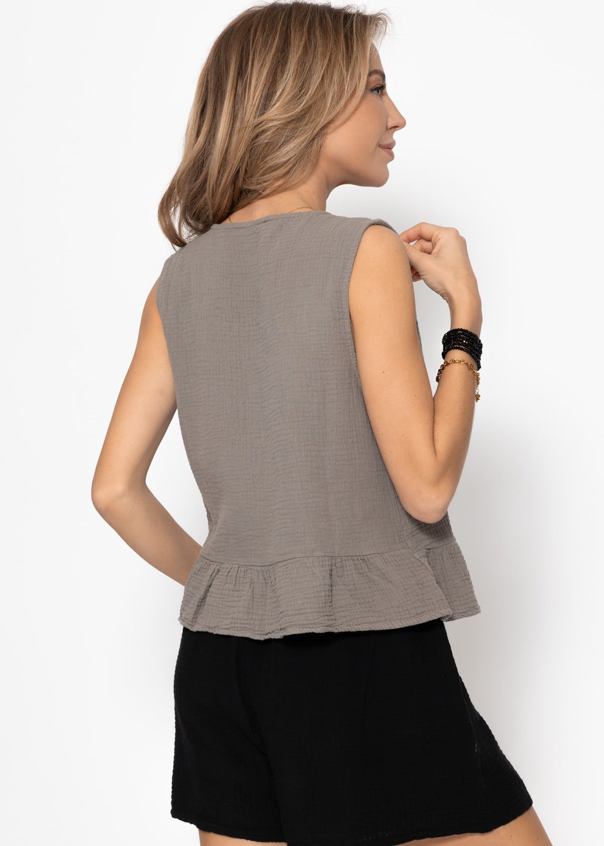 Musselin Top mit Schleifenverschluss - taupe