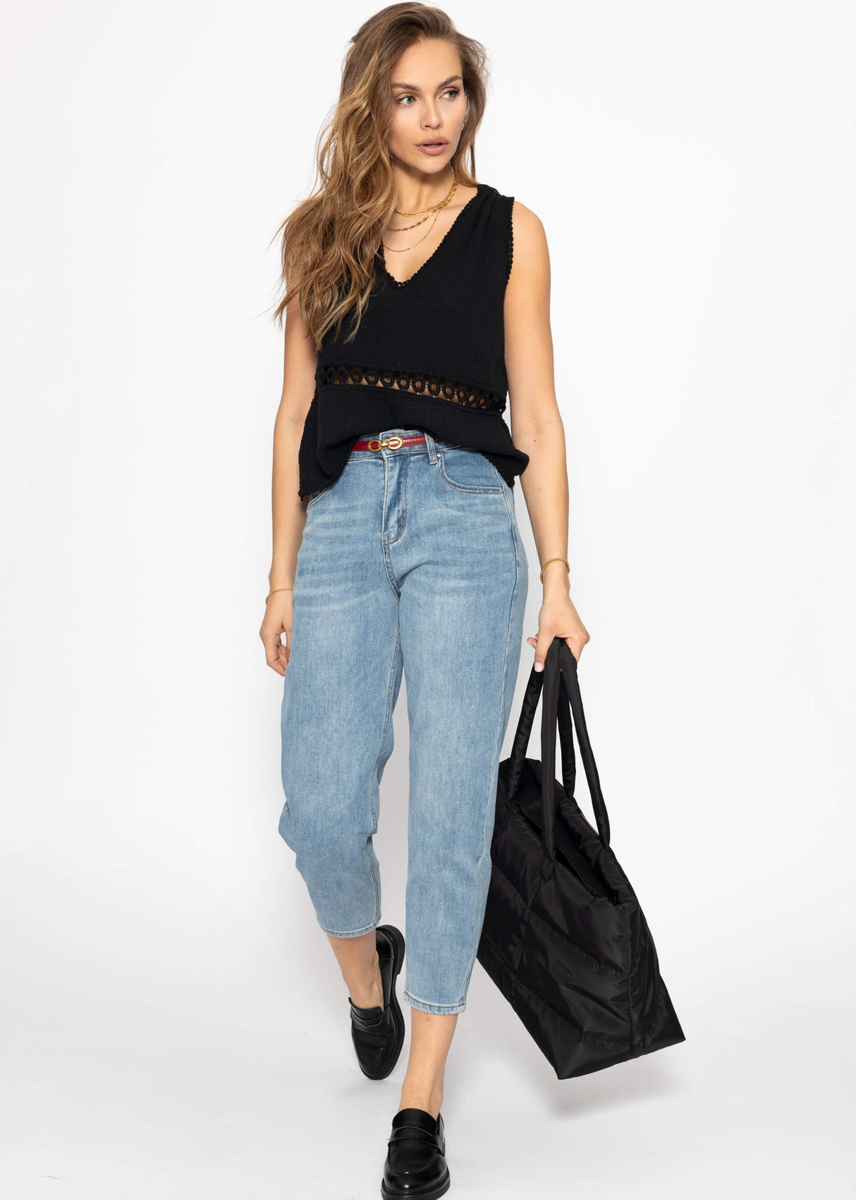 Muslin top with lace trim - black