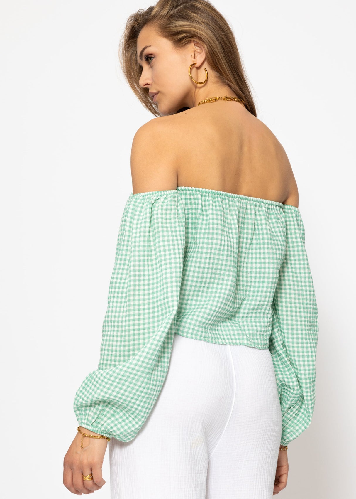 Off-the-shoulder muslin top with Vichy print - sage green and white