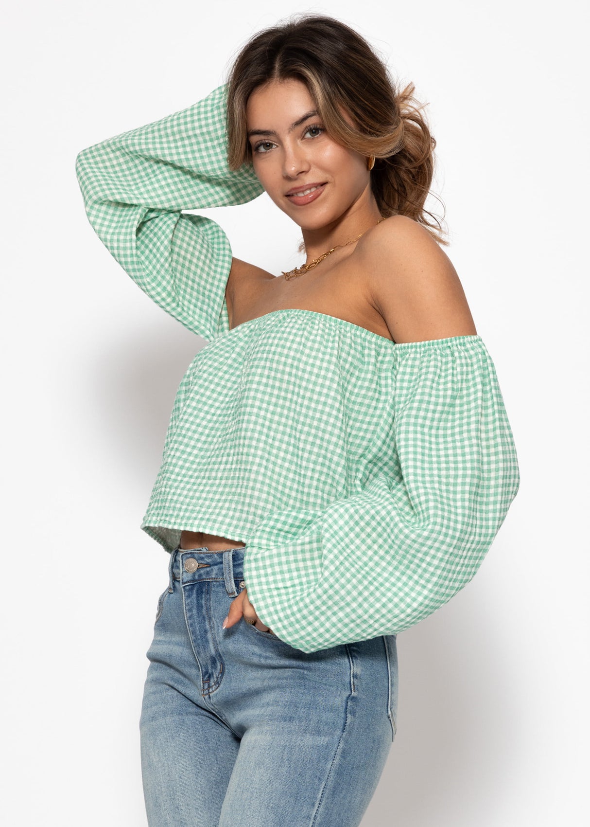 Off-the-shoulder muslin top with Vichy print - sage green and white