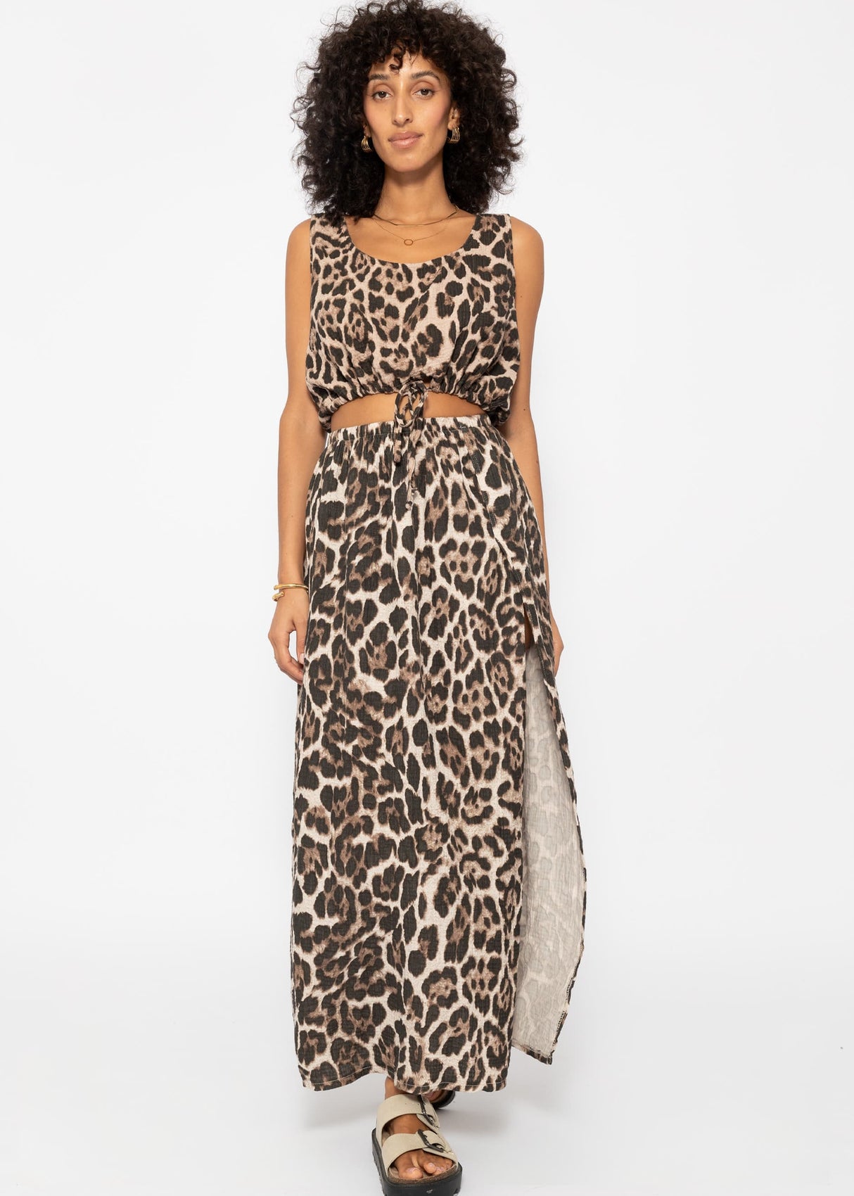 Muslin top with drawstring in leopard print - brown