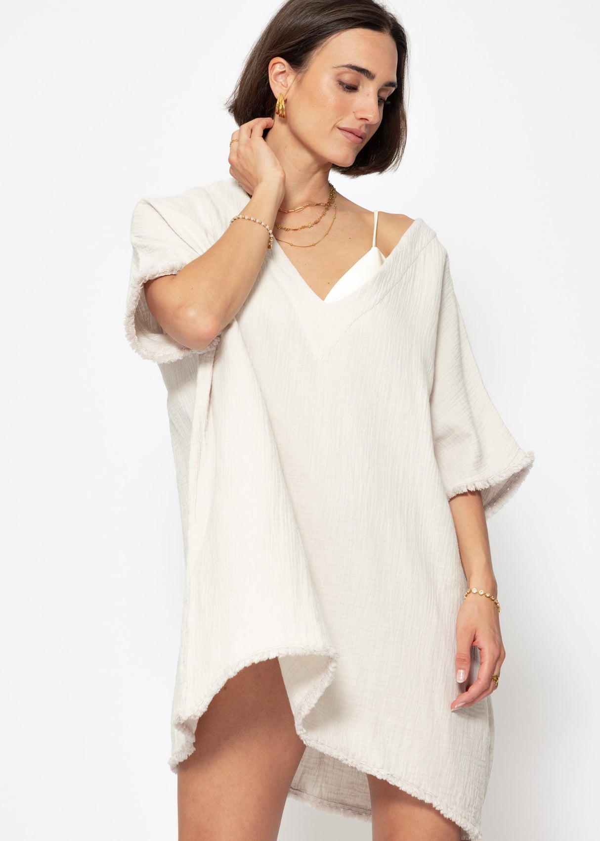 Muslin tunic with fringes - light beige