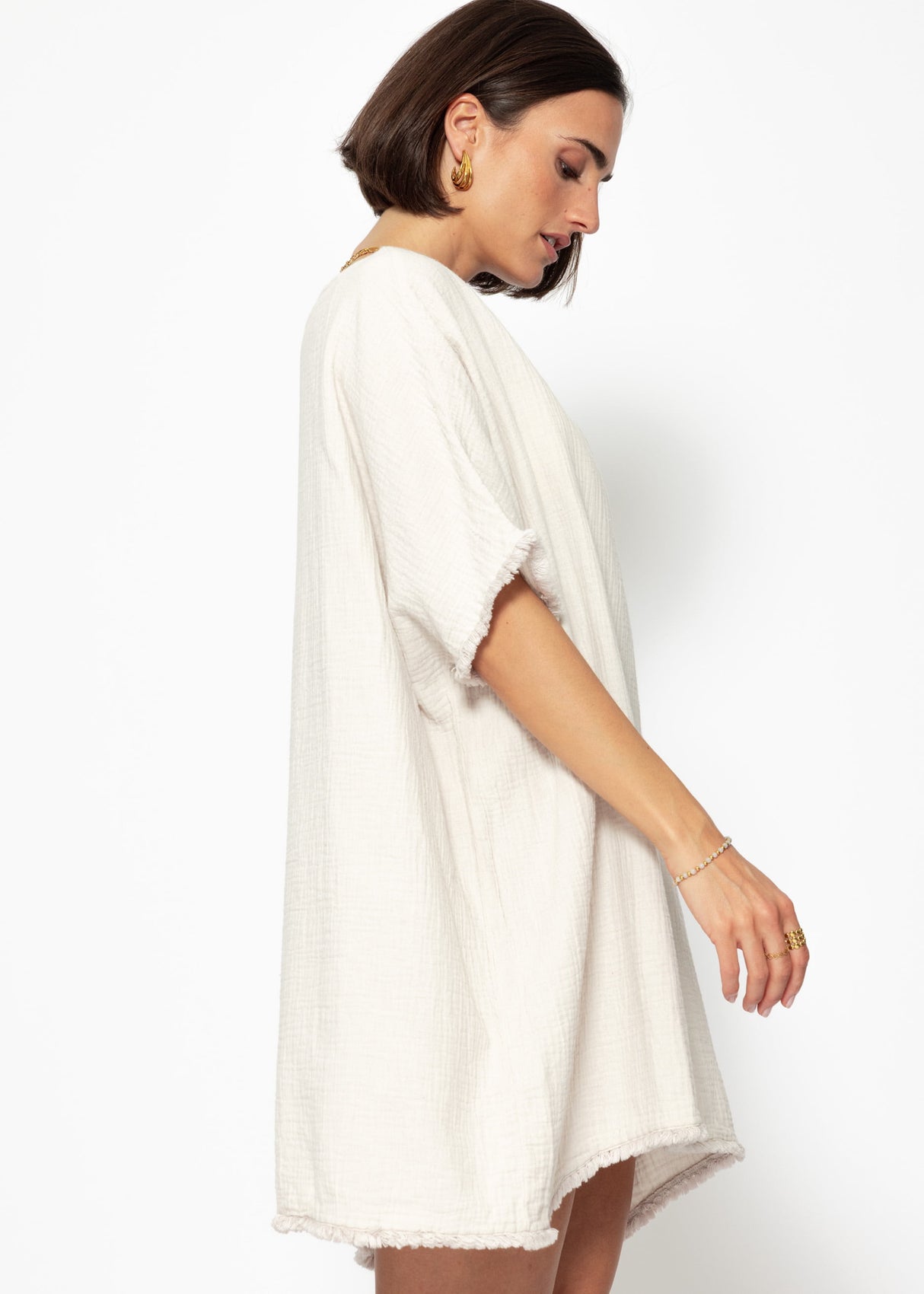 Muslin tunic with fringes - light beige