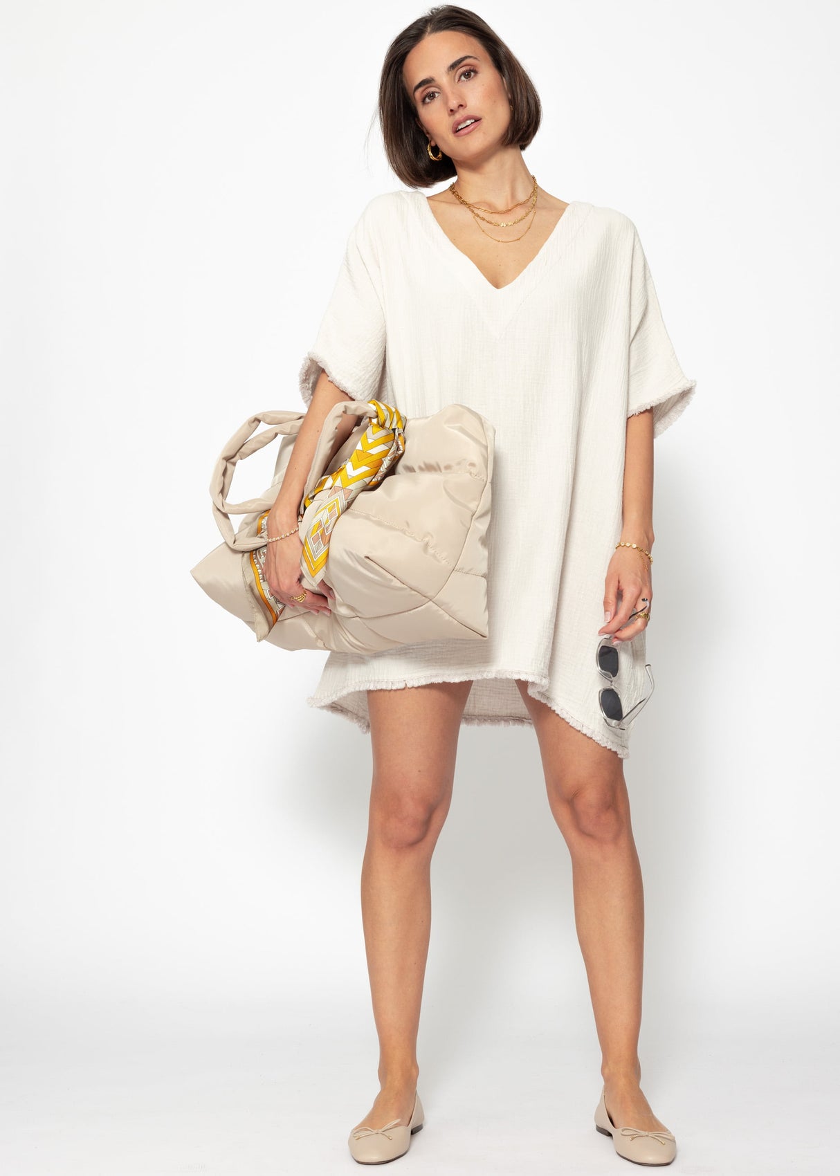 Muslin tunic with fringes - light beige
