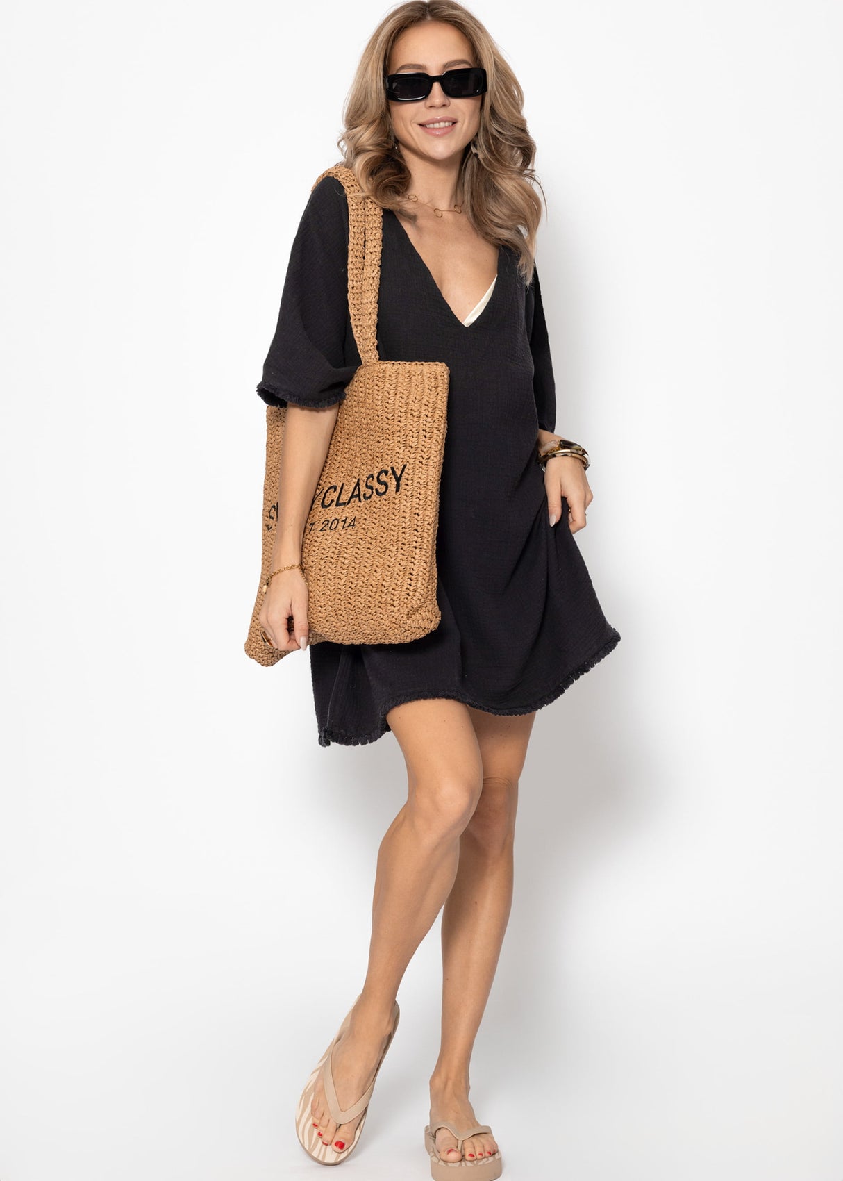 Muslin tunic with fringes - black