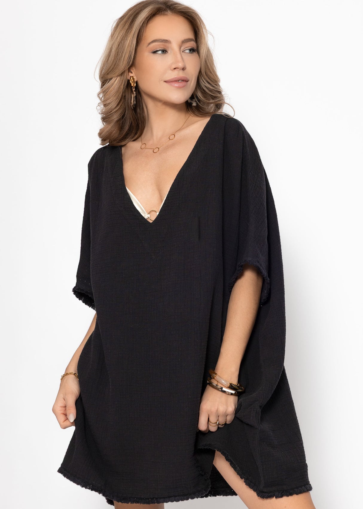 Muslin tunic with fringes - black
