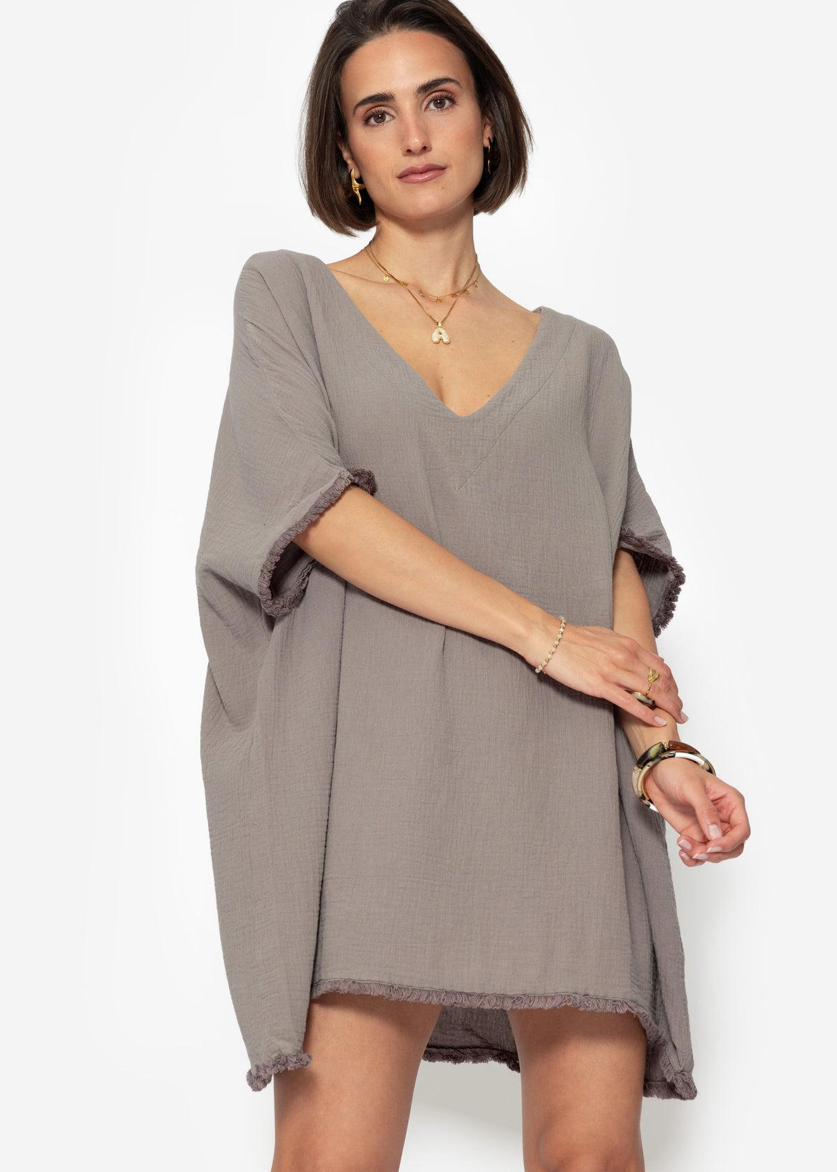 Muslin tunic with fringes - taupe