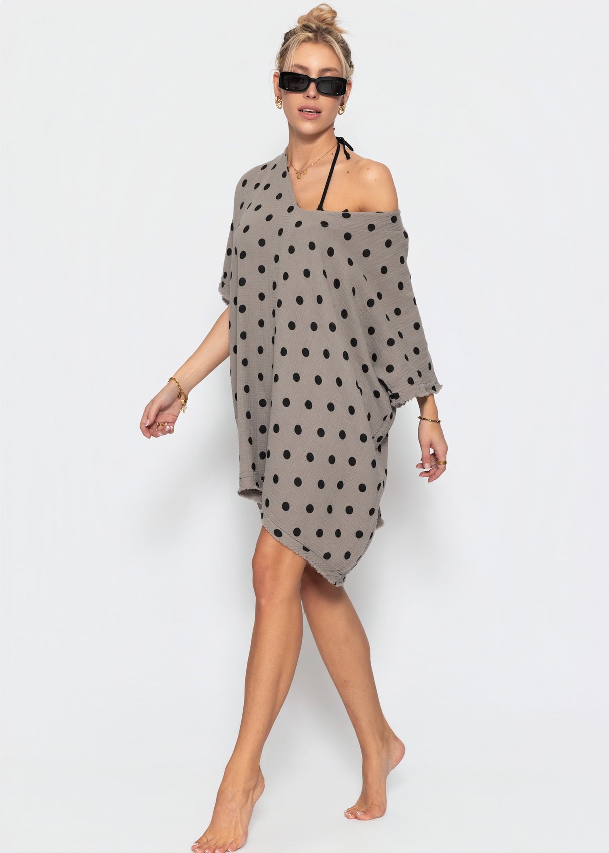 Musselin Tunika mit Punkte-Print - taupe-schwarz