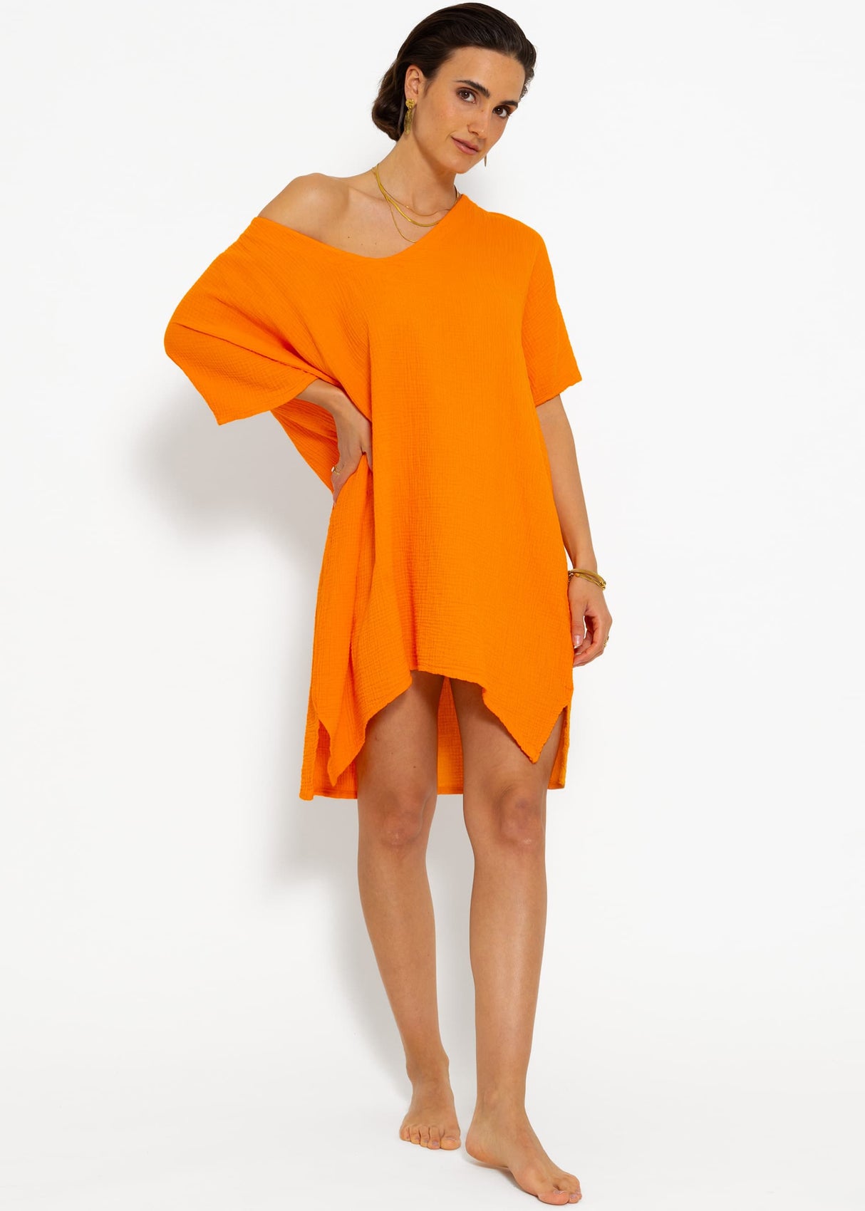 Muslin tunic with V-neck - orange