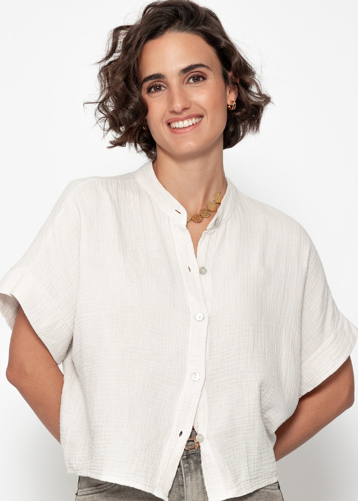 Muslin blouse with short sleeves - light beige