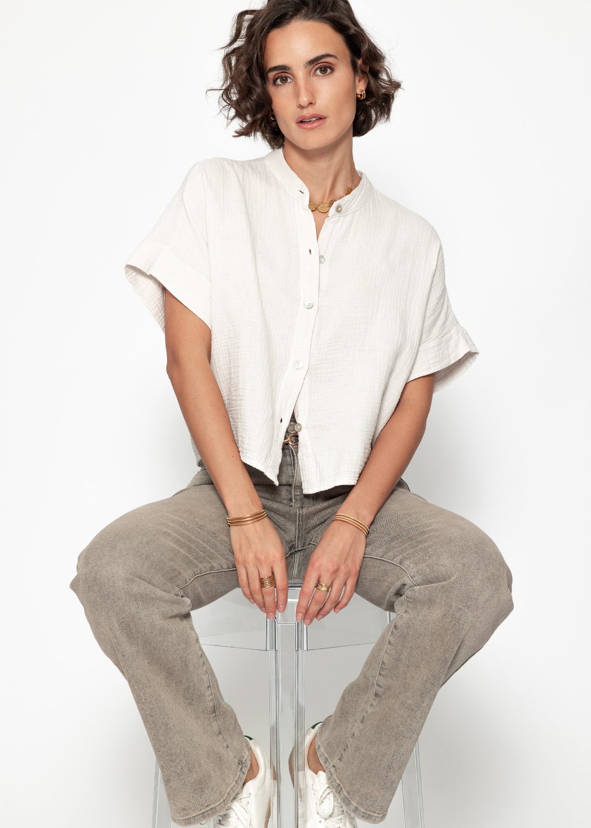 Muslin blouse with short sleeves - light beige