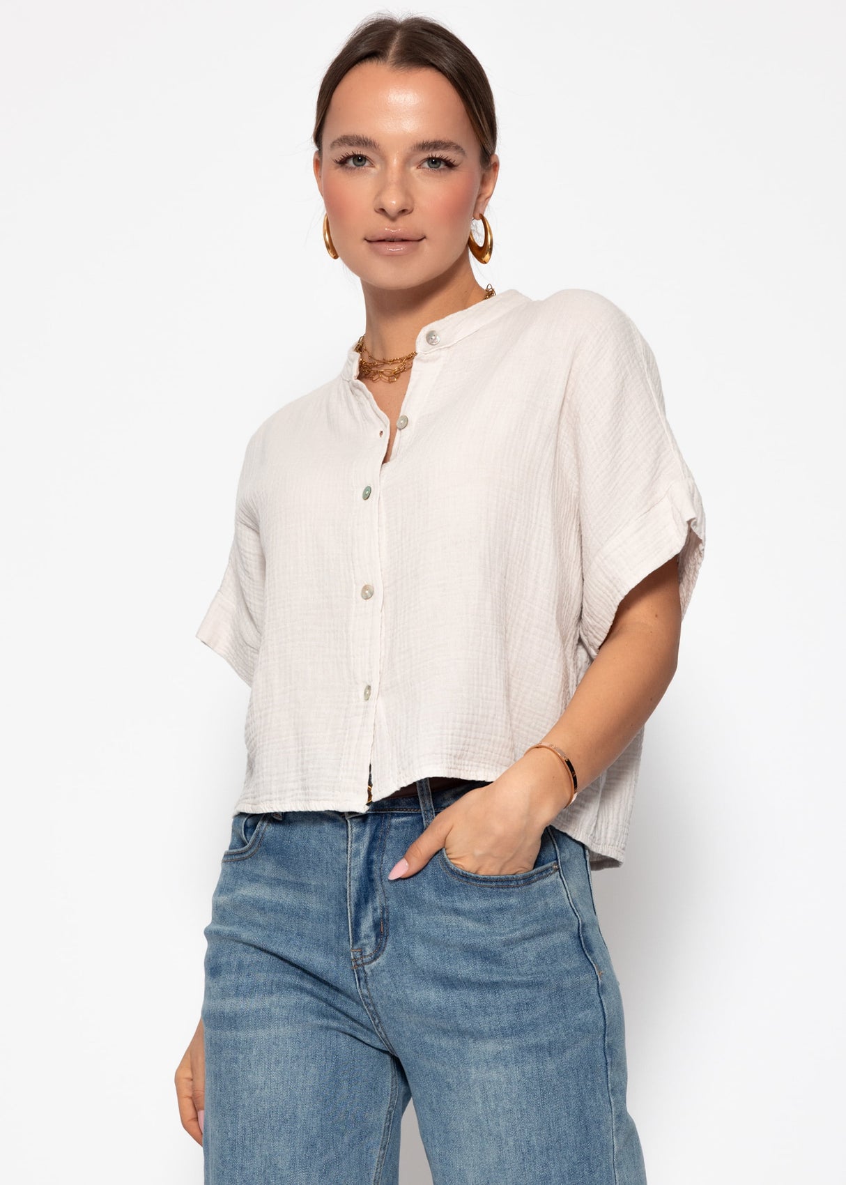 Musselin Bluse mit angeschnittenem kurzen Arm - hellbeige