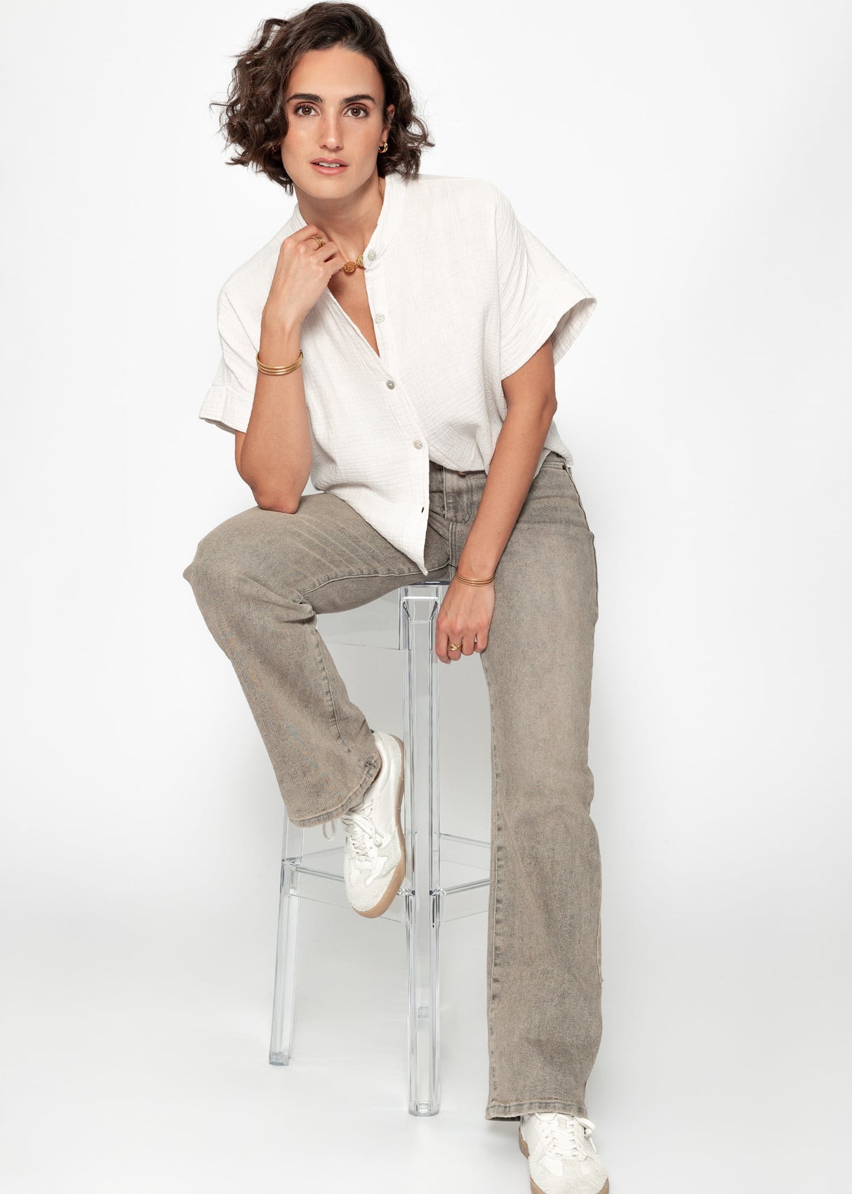 Muslin blouse with short sleeves - light beige