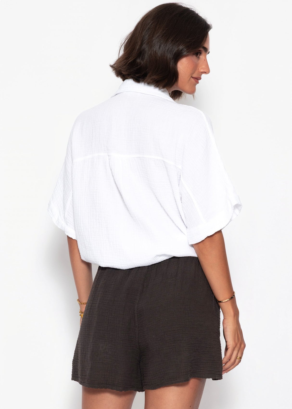 Musselinbluse mit Zugbandsaum - weiß