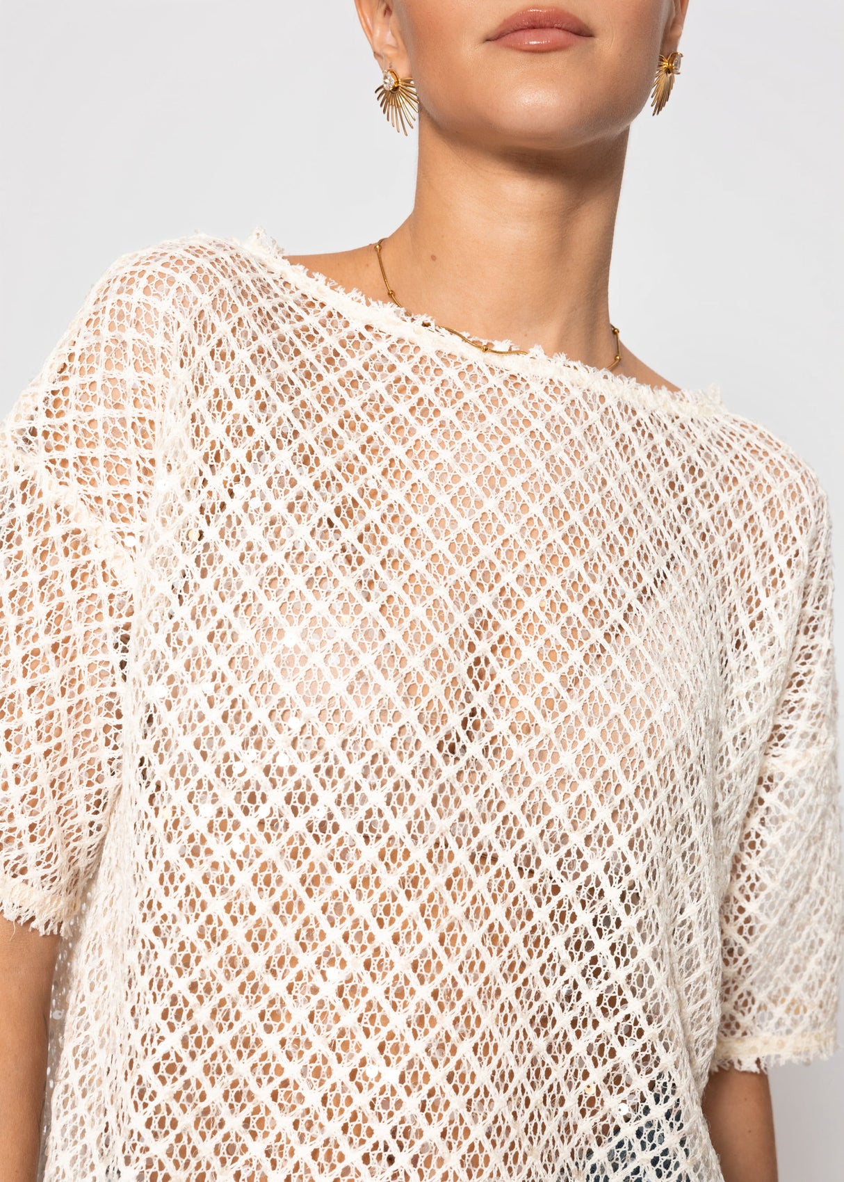 Netz-Shirt mit Pailletten - creme