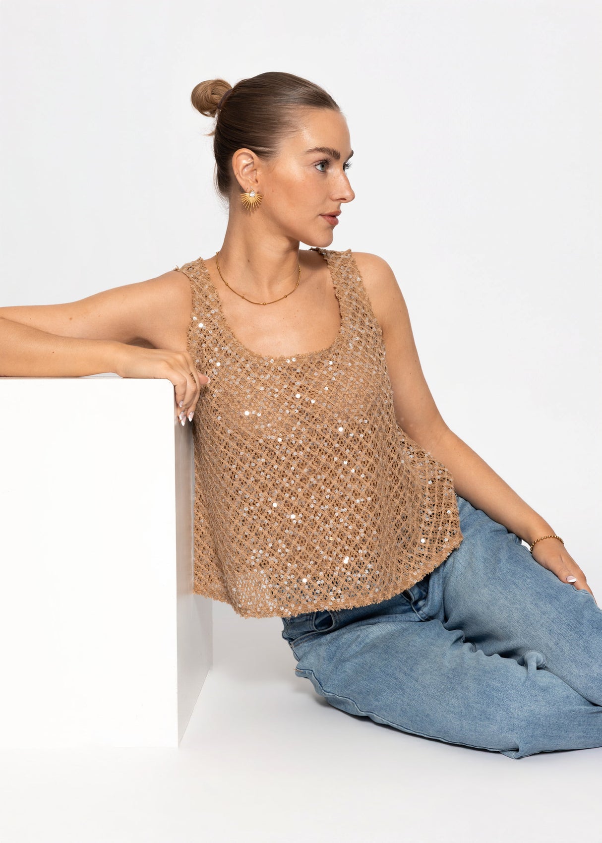 Netz-Top mit Pailletten - beige