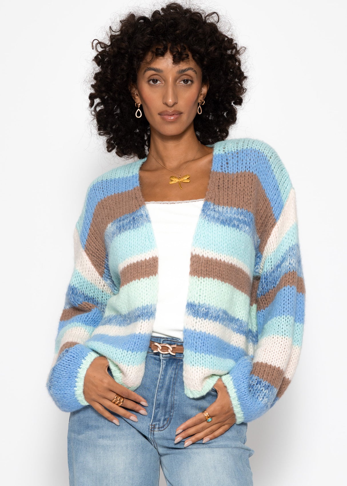 Offener Cardigan mit mehrfarbigen Streifen - blau
