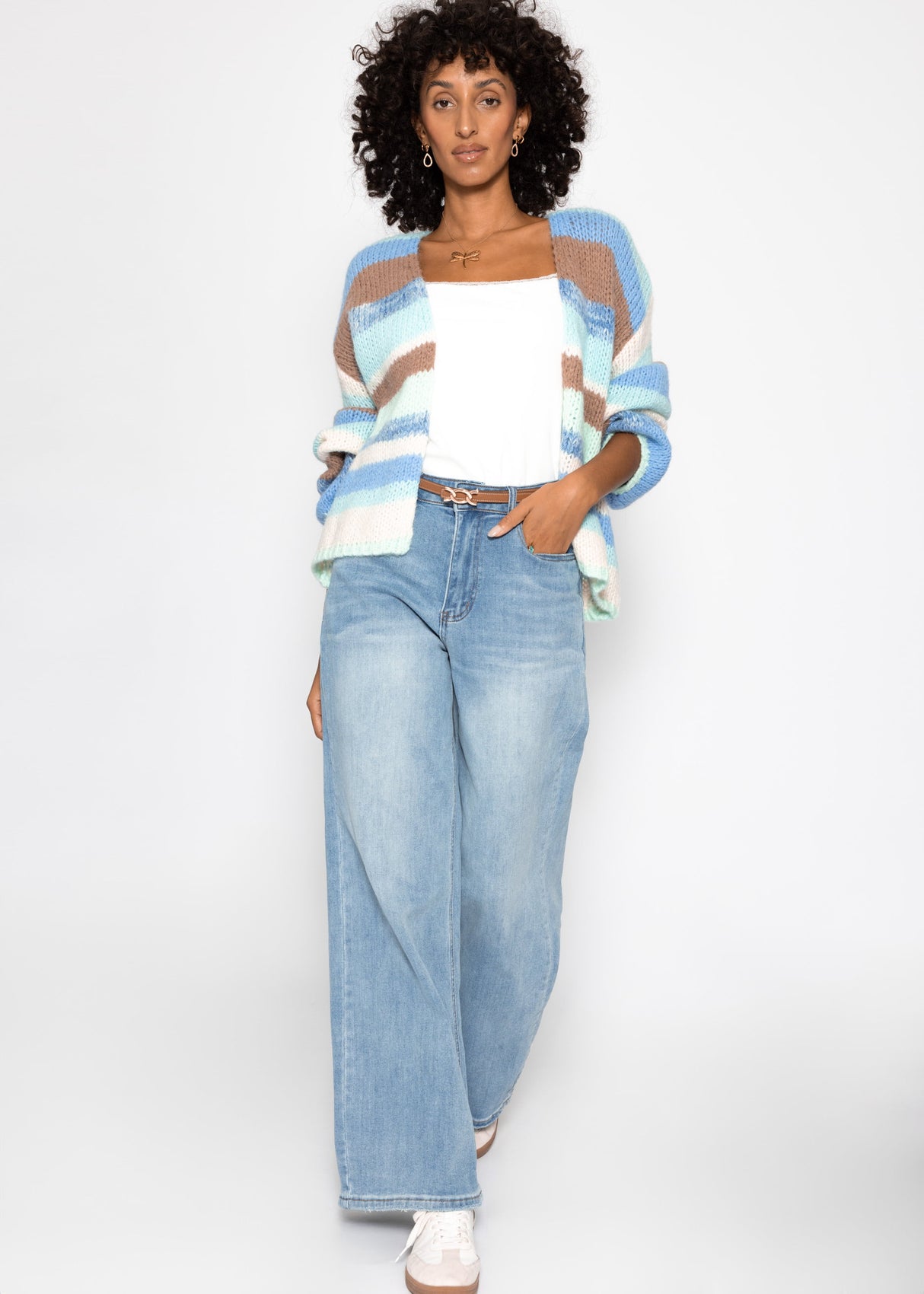 Offener Cardigan mit mehrfarbigen Streifen - blau