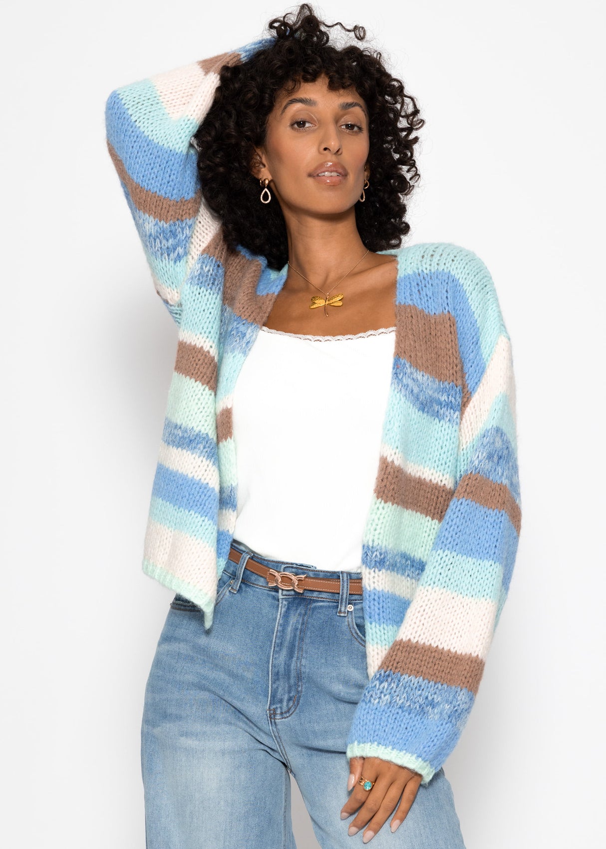 Offener Cardigan mit mehrfarbigen Streifen - blau