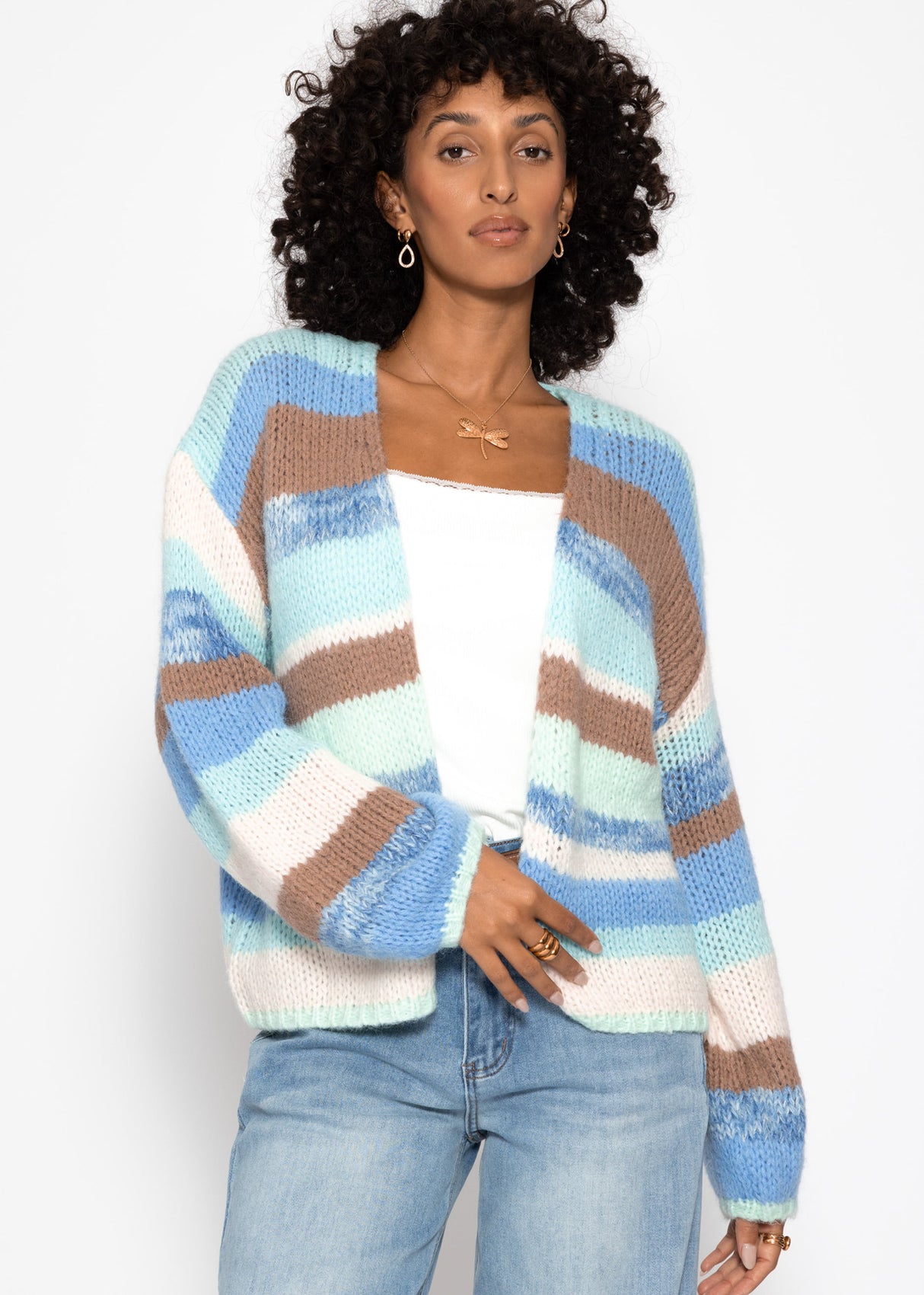 Offener Cardigan mit mehrfarbigen Streifen - blau