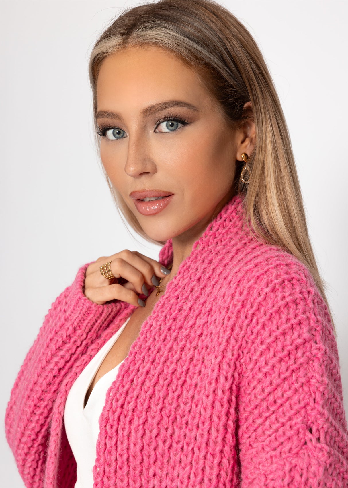 Open coarse -knit cardigan - pink